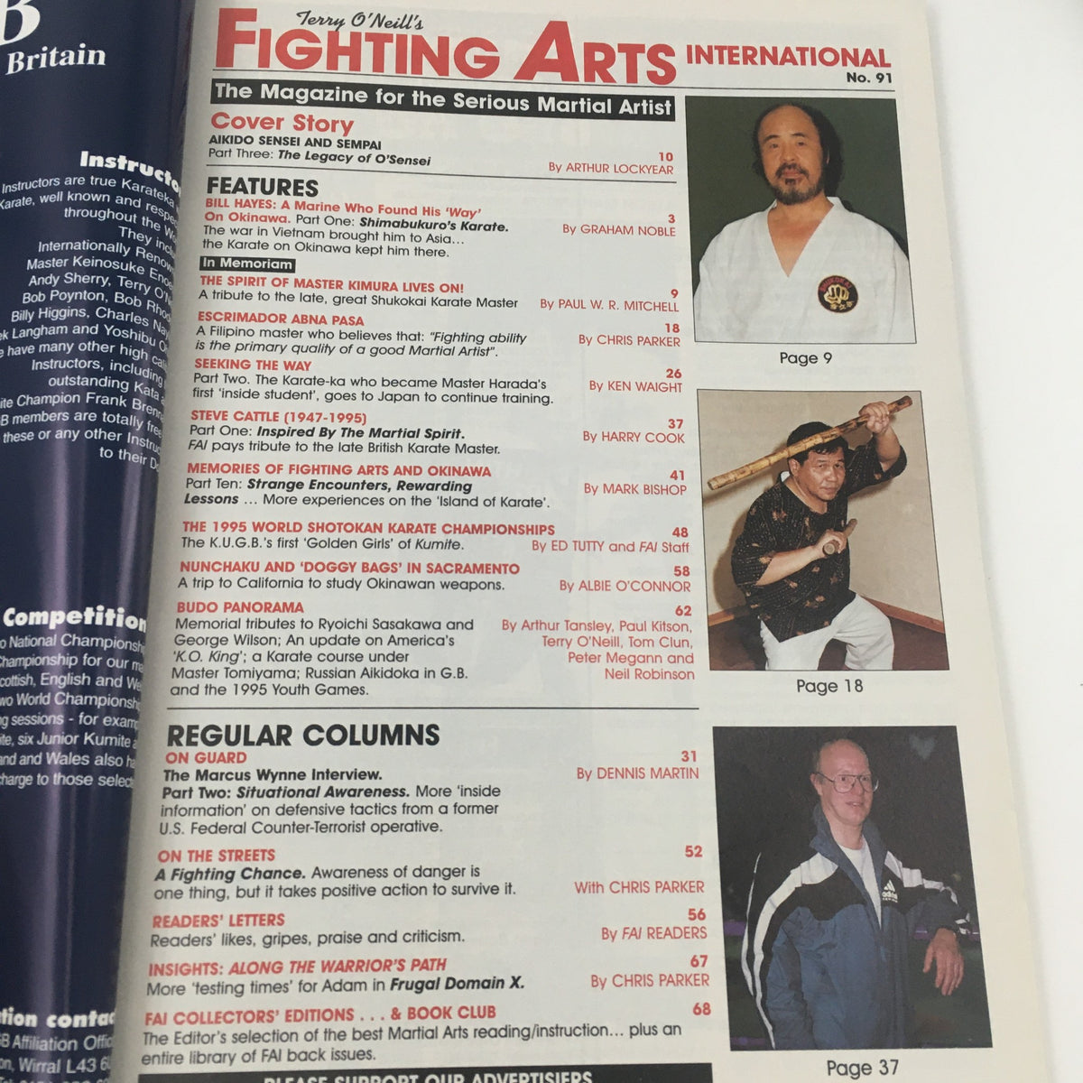 Fighting Arts International Magazine No. 91 cover page showcasing features and columns about martial arts, including articles on O'Sensei and notable contributors.