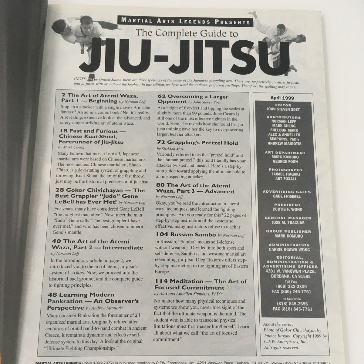 Inside page of 'Martial Arts Legends April 1999: The Complete Guide to Jiu-Jitsu No Label VG' showcasing articles and contents including jiu-jitsu techniques and features on Gokor Chivichyan.