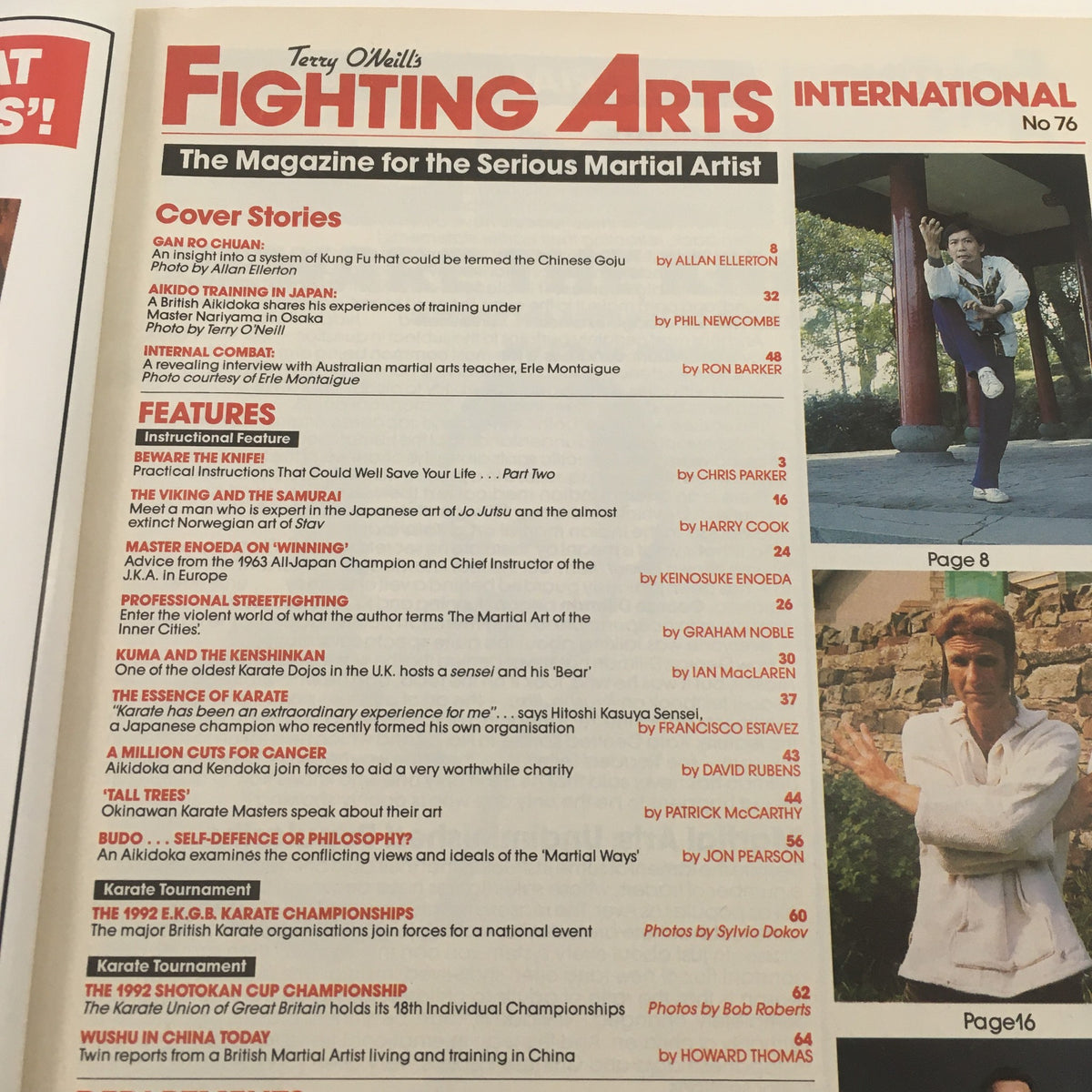 Interior page of Fighting Arts International Magazine No. 76 displaying article titles and features, including insights from Erle Montaigue and other martial arts topics, enhancing understanding of martial arts history.