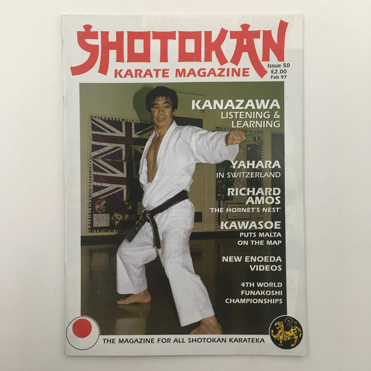 Cover image of Shotokan Karate Magazine February 1997 Issue #50 featuring notable martial artists Kanazawa and Yahara, showcasing karate techniques and articles.