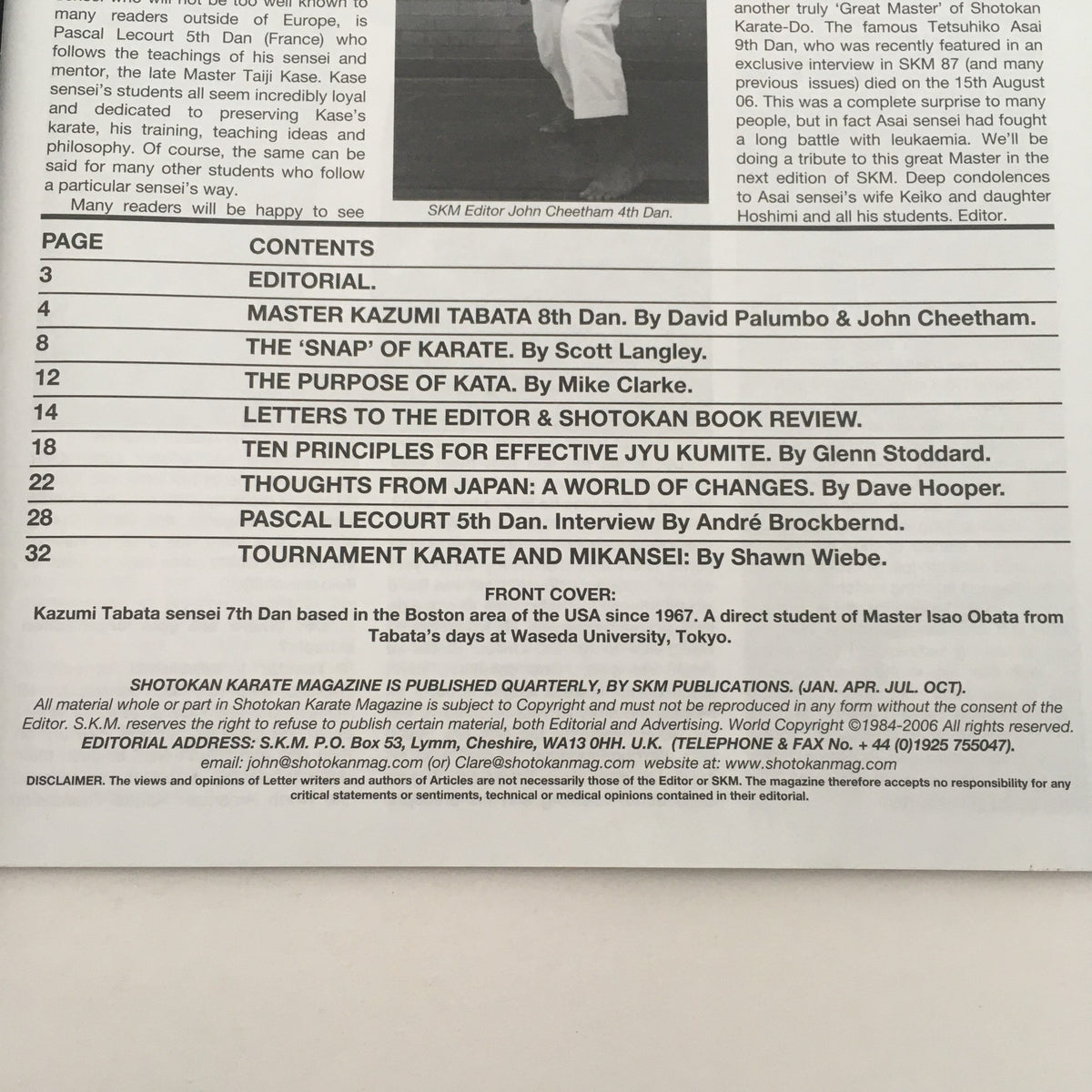 Back cover of Shotokan Karate Magazine October 2006, Issue #89 with details about contributions from various karate experts.
