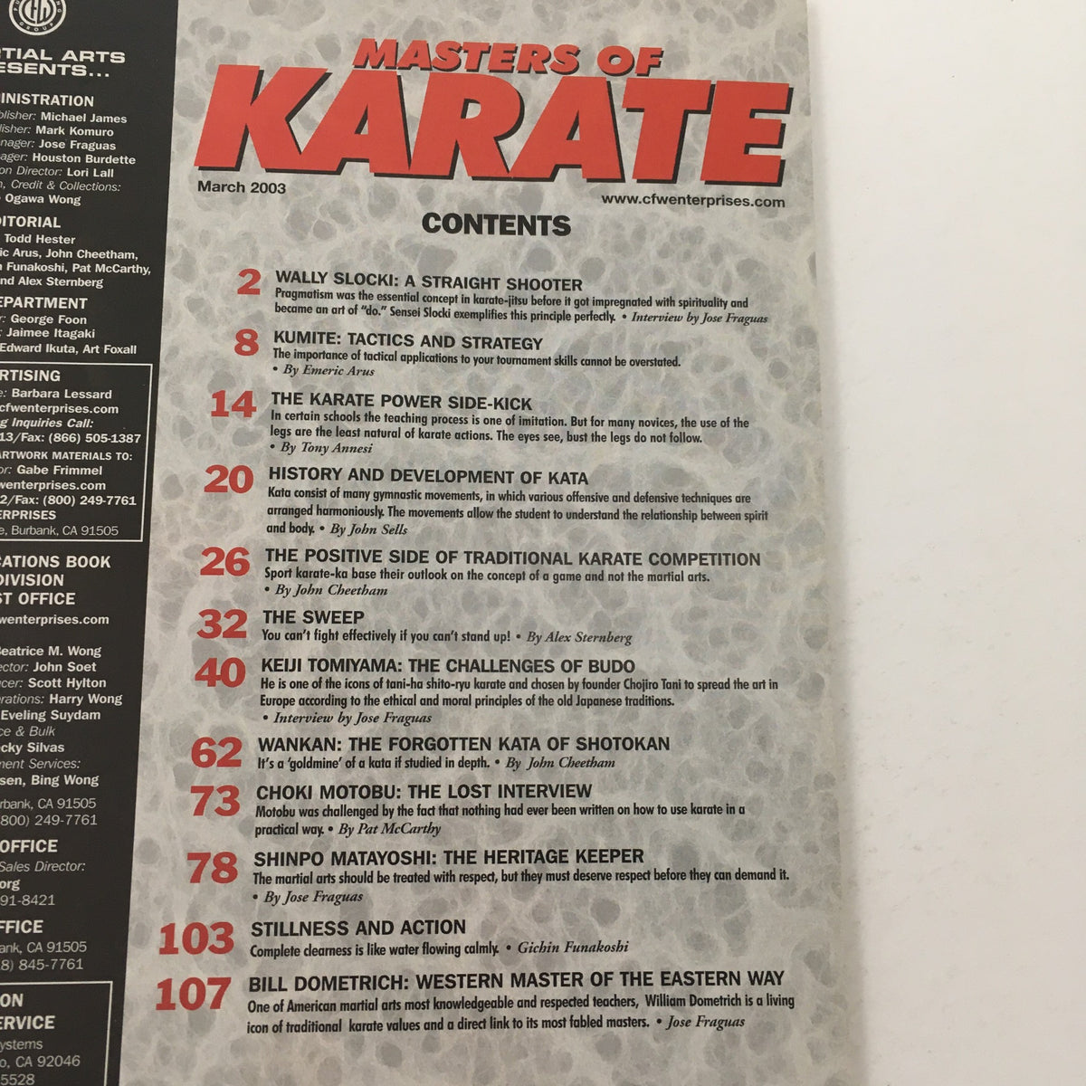 Contents page of Masters of Karate March 2003, detailing articles on various karate topics including techniques, history, and prominent figures.