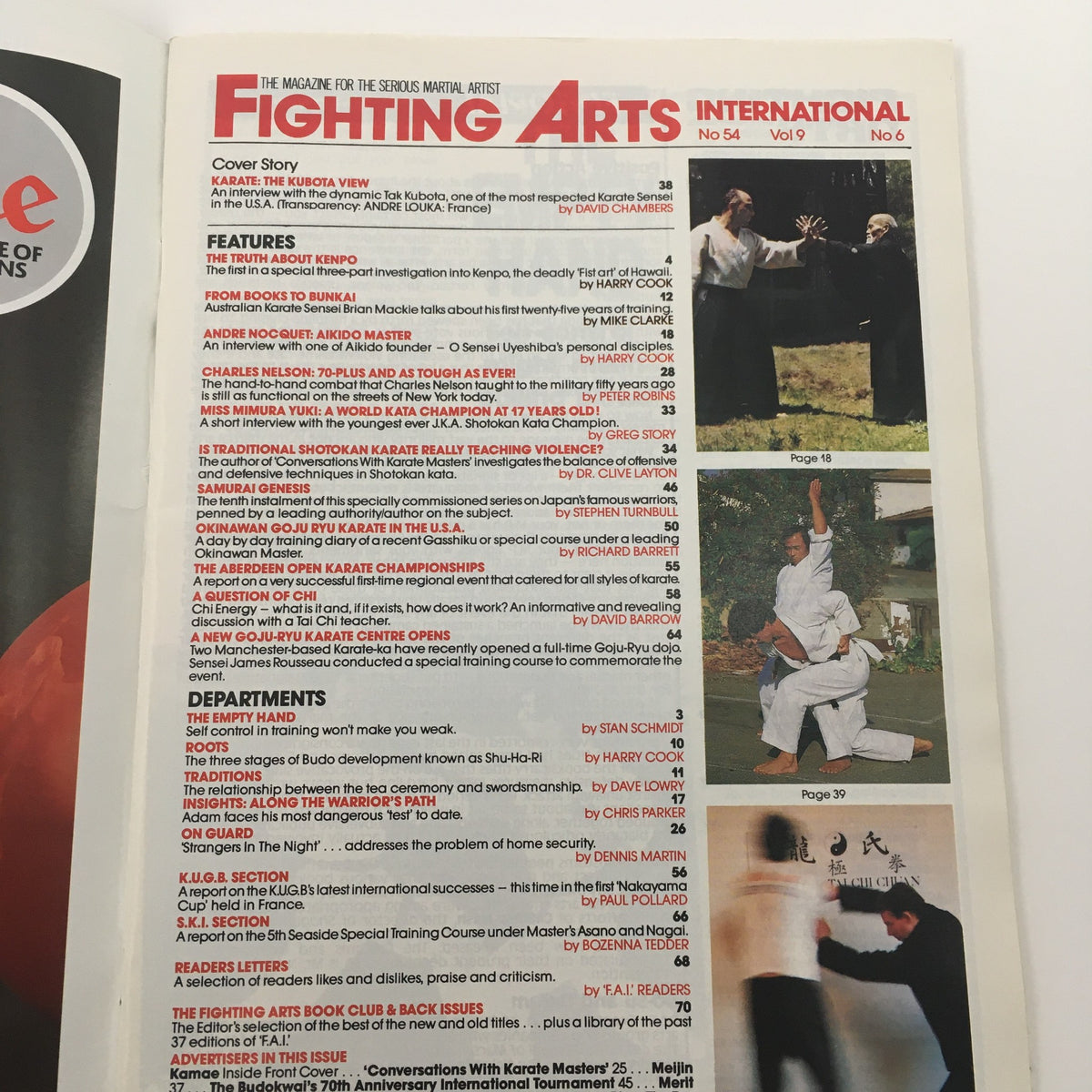 Fighting Arts International Magazine No. 54 featuring Master Takayuki Kubota, showcasing the table of contents and cover story highlights related to martial arts techniques and philosophy.
