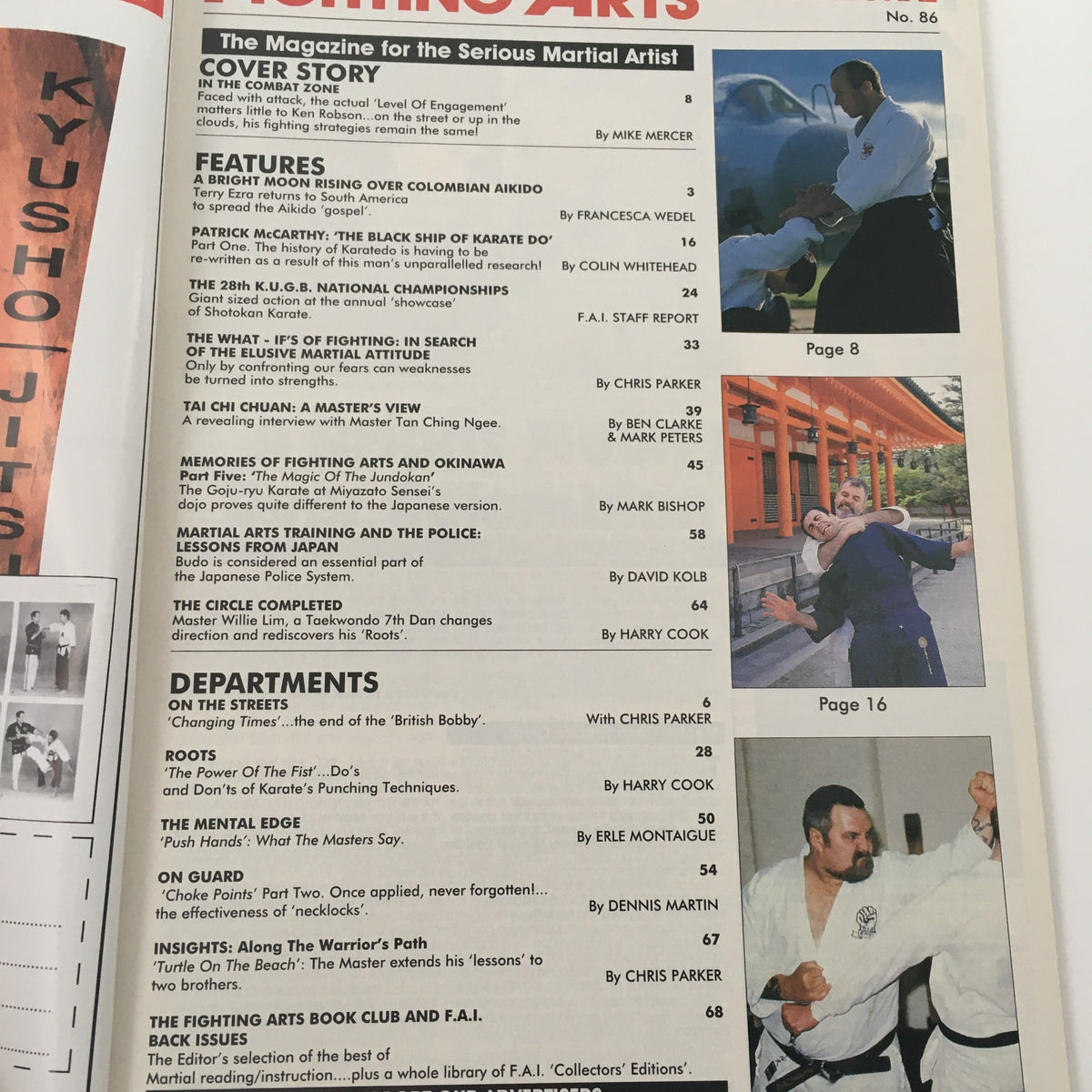 Fighting Arts International Magazine No. 86 featuring Aikido Sensei Ken Robson, showcasing articles and images related to martial arts techniques and culture.