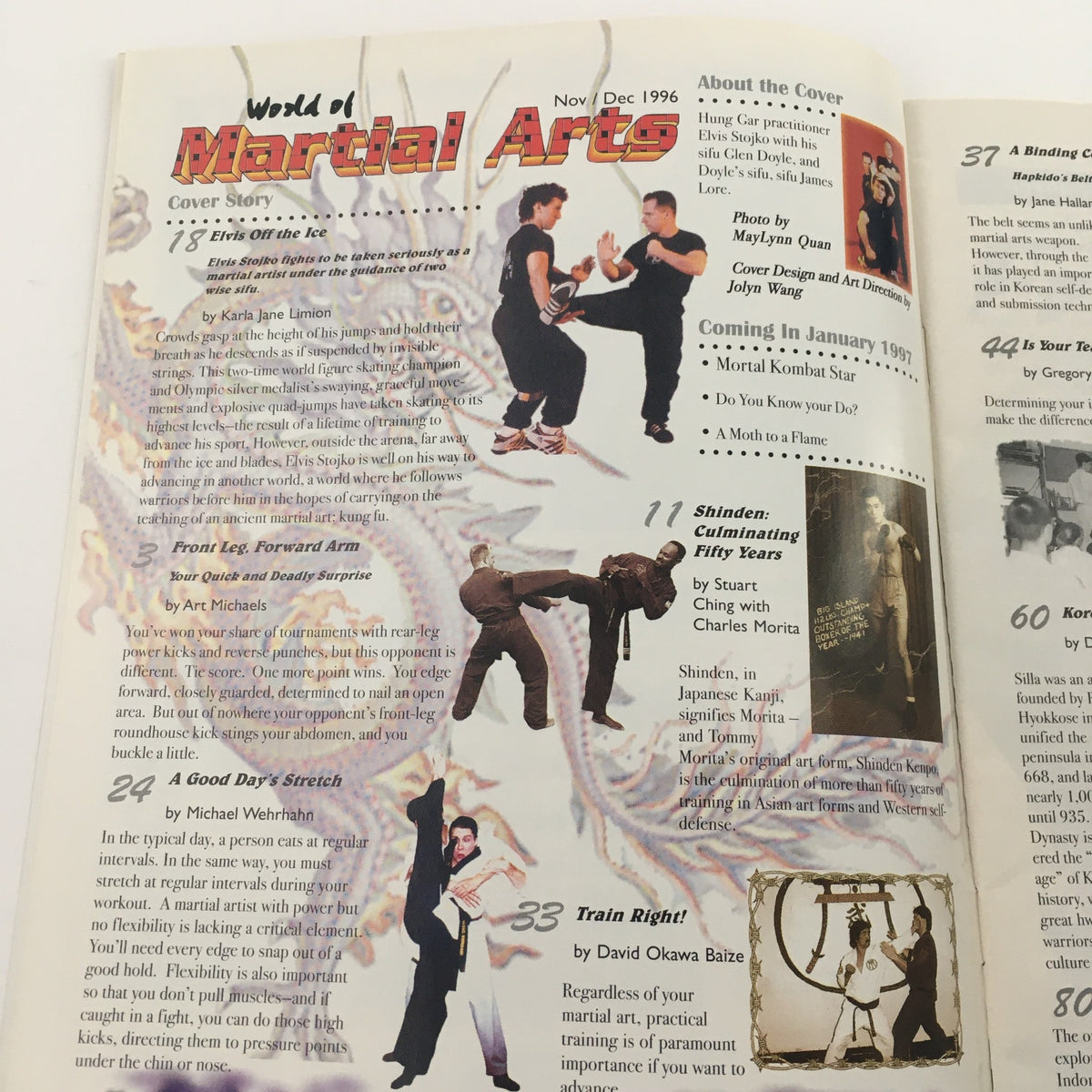Interior page of World of Martial Arts Magazine November 1996 showcasing the cover story featuring Elvis Stojko along with martial arts training articles.