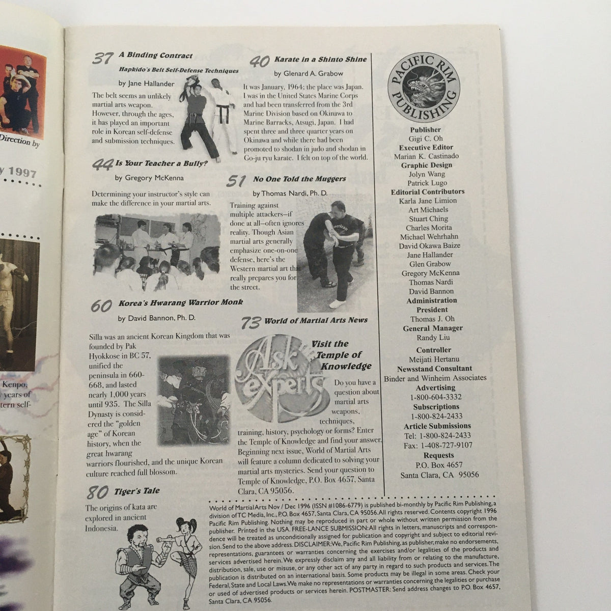 Back page of World of Martial Arts Magazine November 1996 displaying various martial arts articles and contributors.