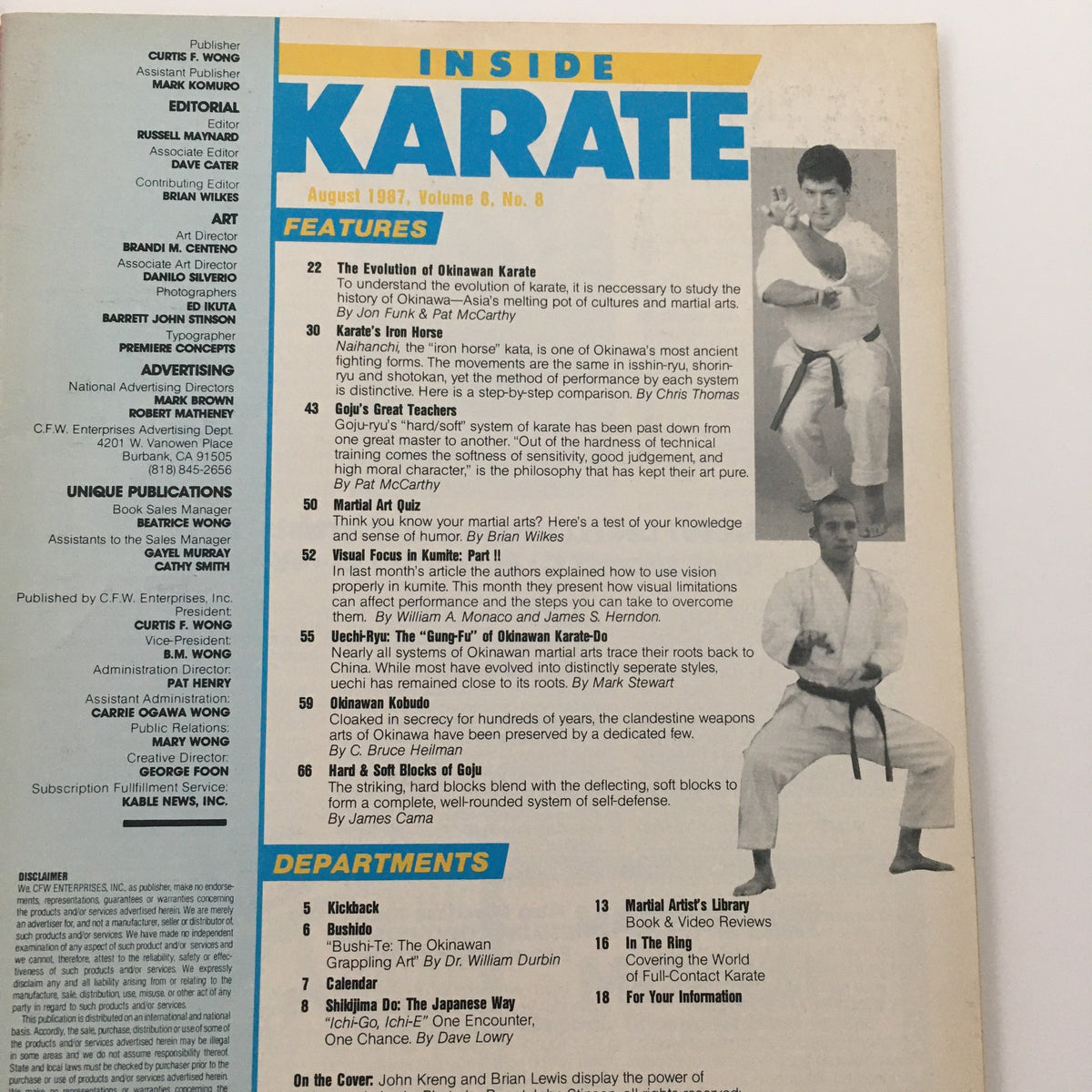 Inside Karate Magazine August 1987, showcasing features on Okinawan Karate and techniques by John Kreng and Brian Lewis. The image captures the magazine's informative layout, including article titles and martial arts content, perfect for collectors and enthusiasts of vintage martial arts publications.