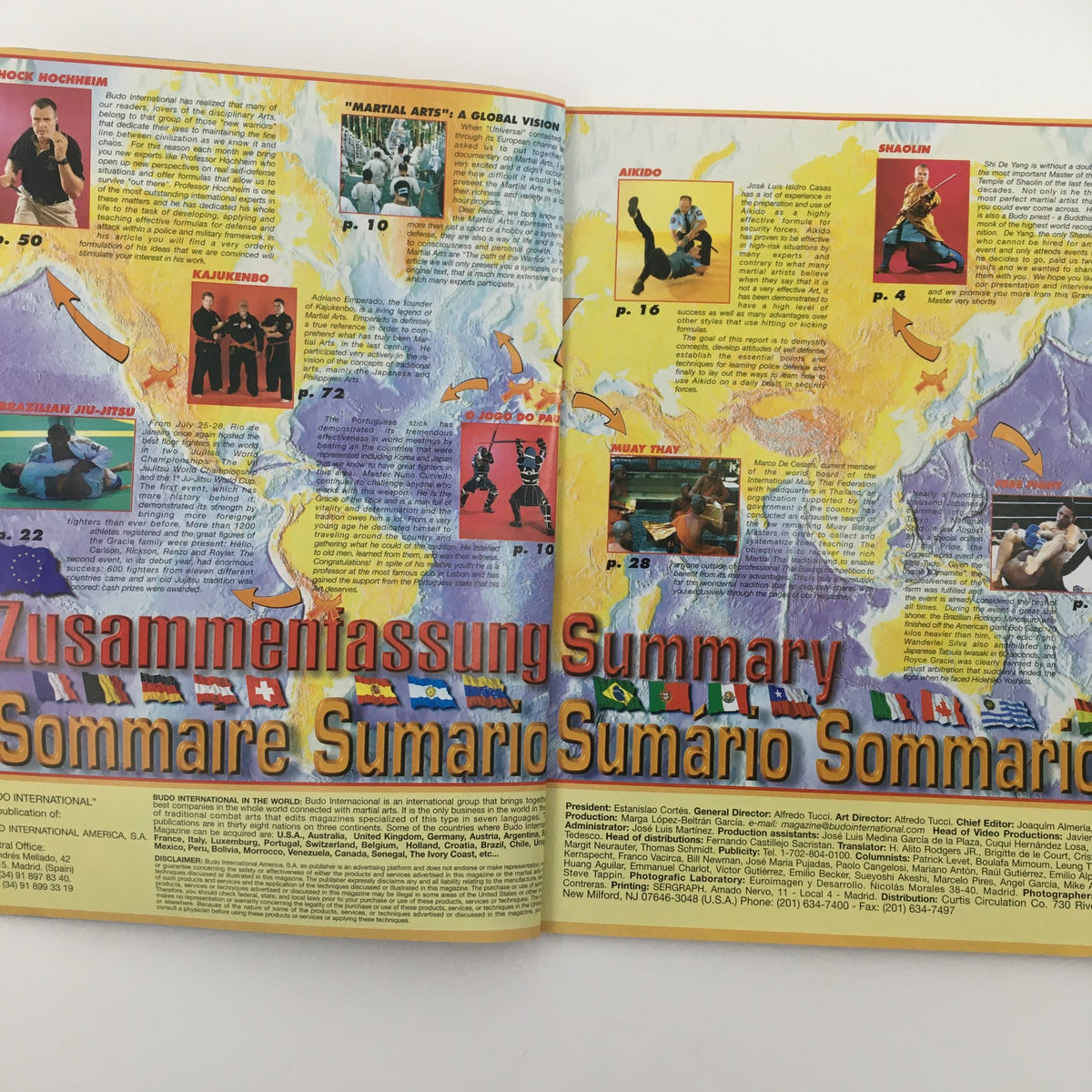 Inside pages of Budo International Magazine December 2002 showcasing a world map with martial arts insights, including Kajukenbo and Aikido summaries.
