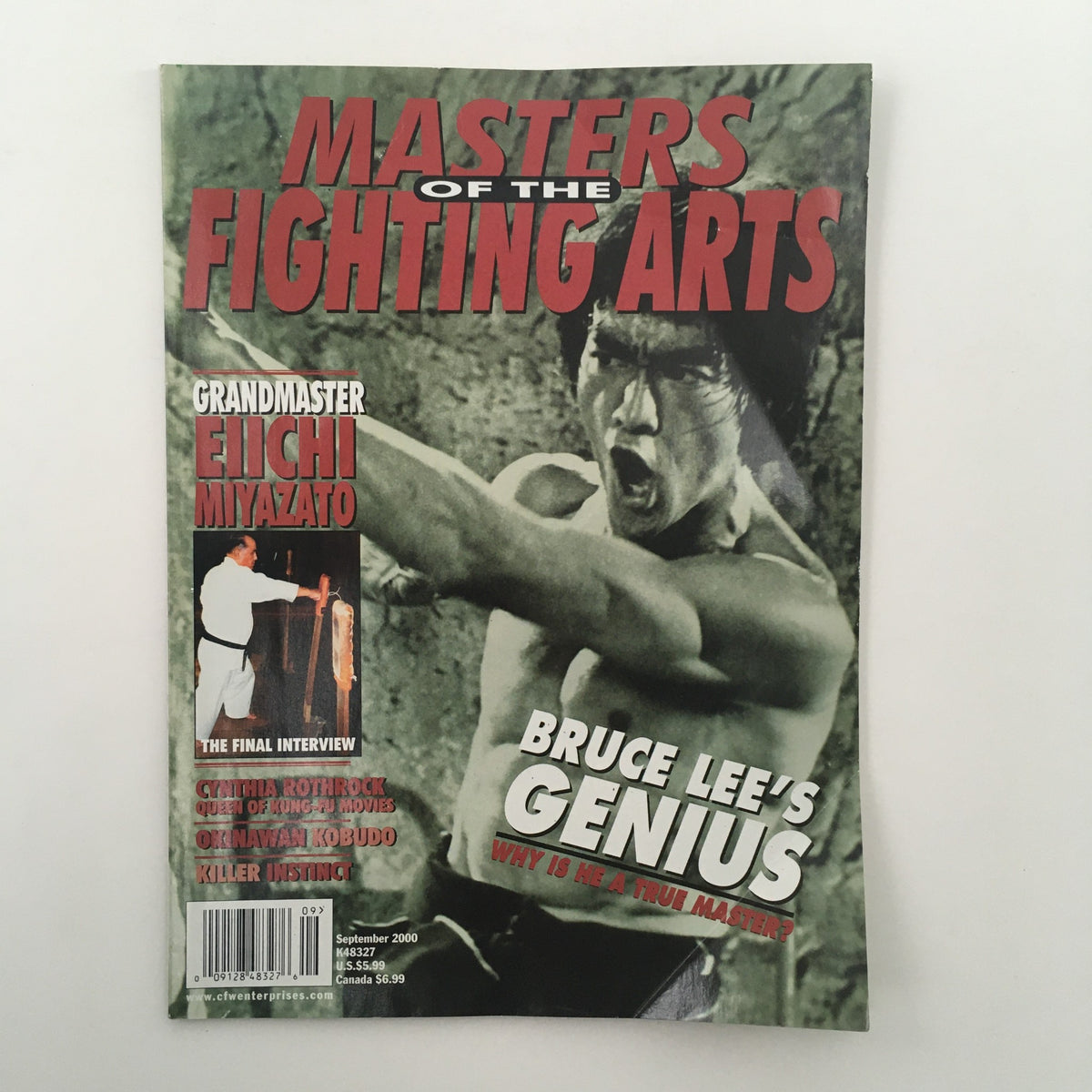 Masters of the Fighting Arts Magazine September 2000 featuring Grandmaster Eiichi Miyazato on the cover, depicting a martial artist in action with the title 'Bruce Lee's Genius' prominently displayed.