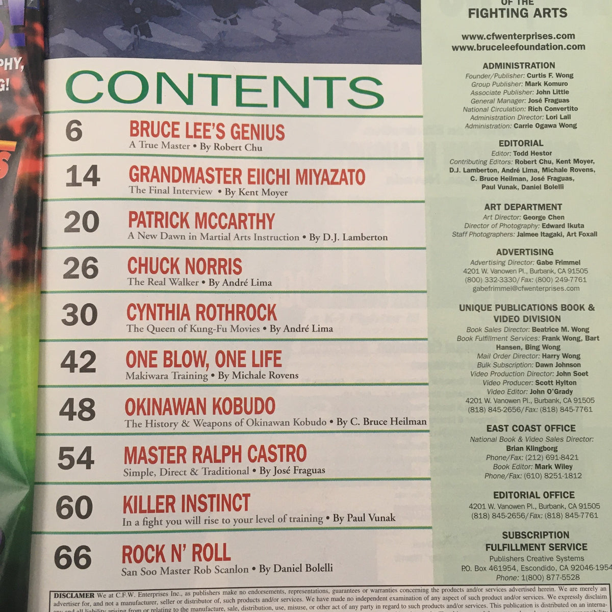 Contents page of Masters of the Fighting Arts Magazine September 2000 listing major articles including 'Bruce Lee's Genius' and 'Grandmaster Eiichi Miyazato', showcasing notable figures in martial arts.