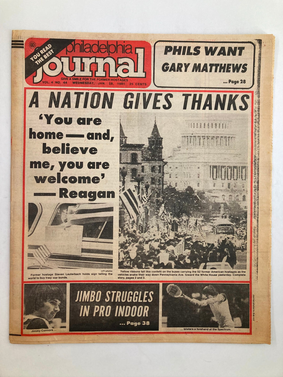 Philadelphia Journal Tabloid January 28 1981 Vol 4 #44 featuring a front page headline 'A Nation Gives Thanks' with a graphic image of a crowd welcoming Reagan. Good condition, minor wear.