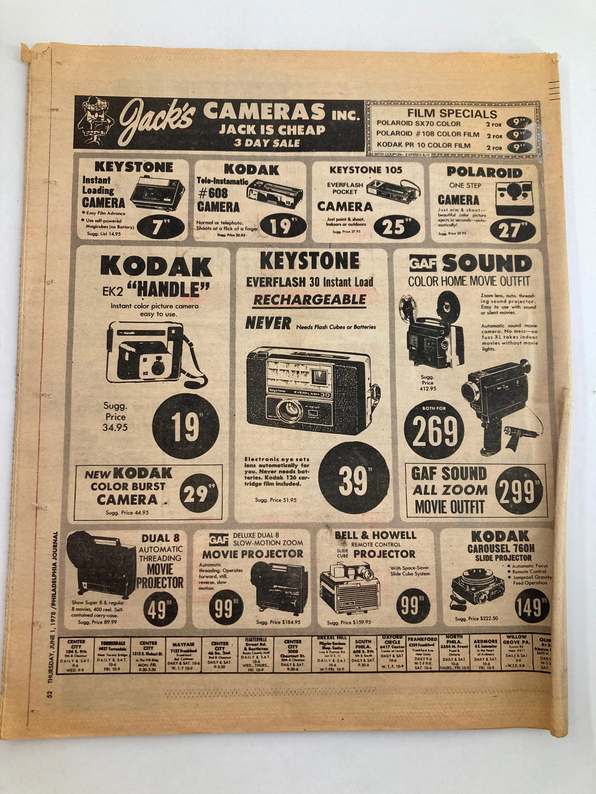 Advertisment from the Philadelphia Journal Tabloid June 1, 1978 featuring Jack's Cameras with film special offers and camera listings.
