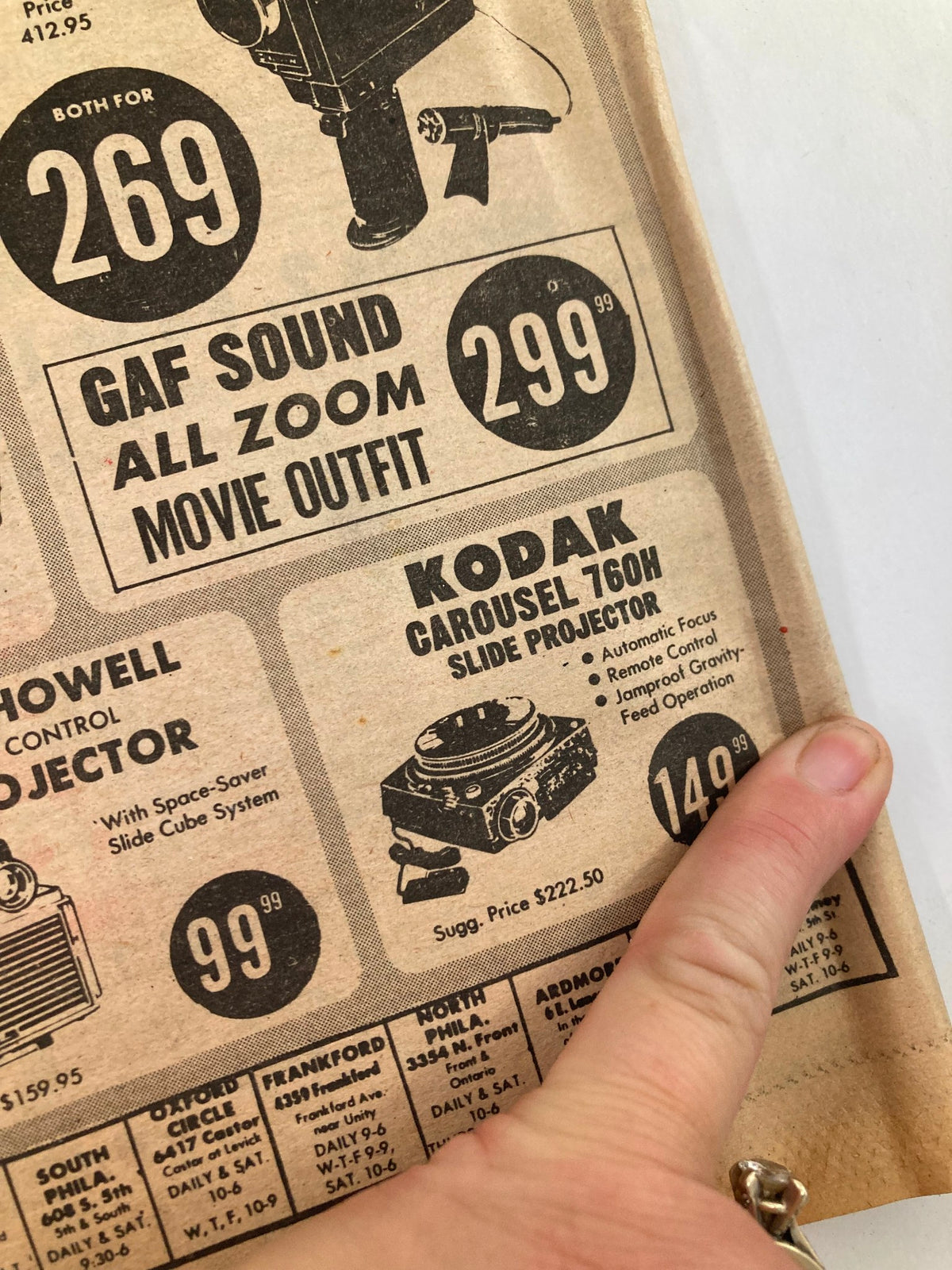 Close-up of a camera advertisement in the Philadelphia Journal Tabloid June 1, 1978, highlighting the Kodak Carousel 760H slide projector.