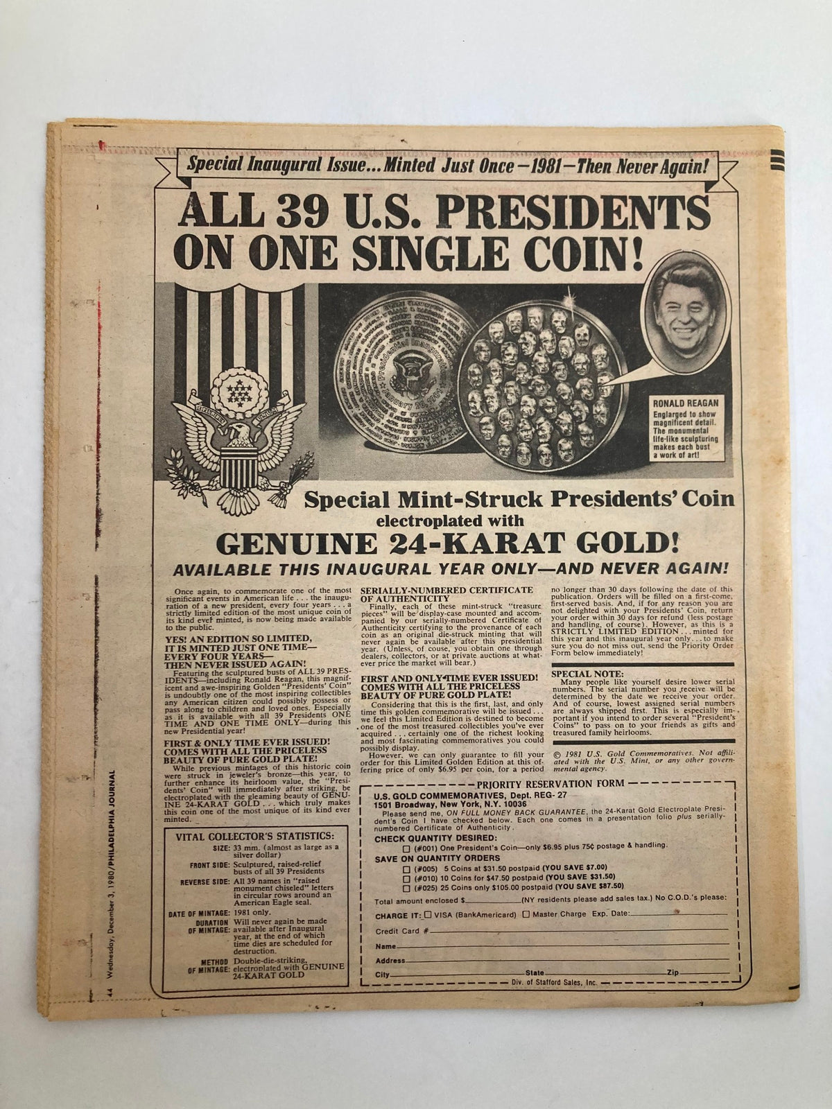 Philadelphia Journal Tabloid December 3, 1980 showcasing a special inaugural issue advertisement for a mint-struck coin featuring all 39 U.S. Presidents, available only once.