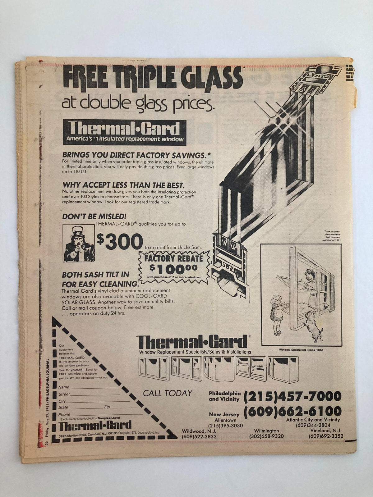 Philadelphia Journal Tabloid May 29 1981 Vol 4 #146 featuring an advertisement for Thermal-Gard offering free triple glass and factory savings.
