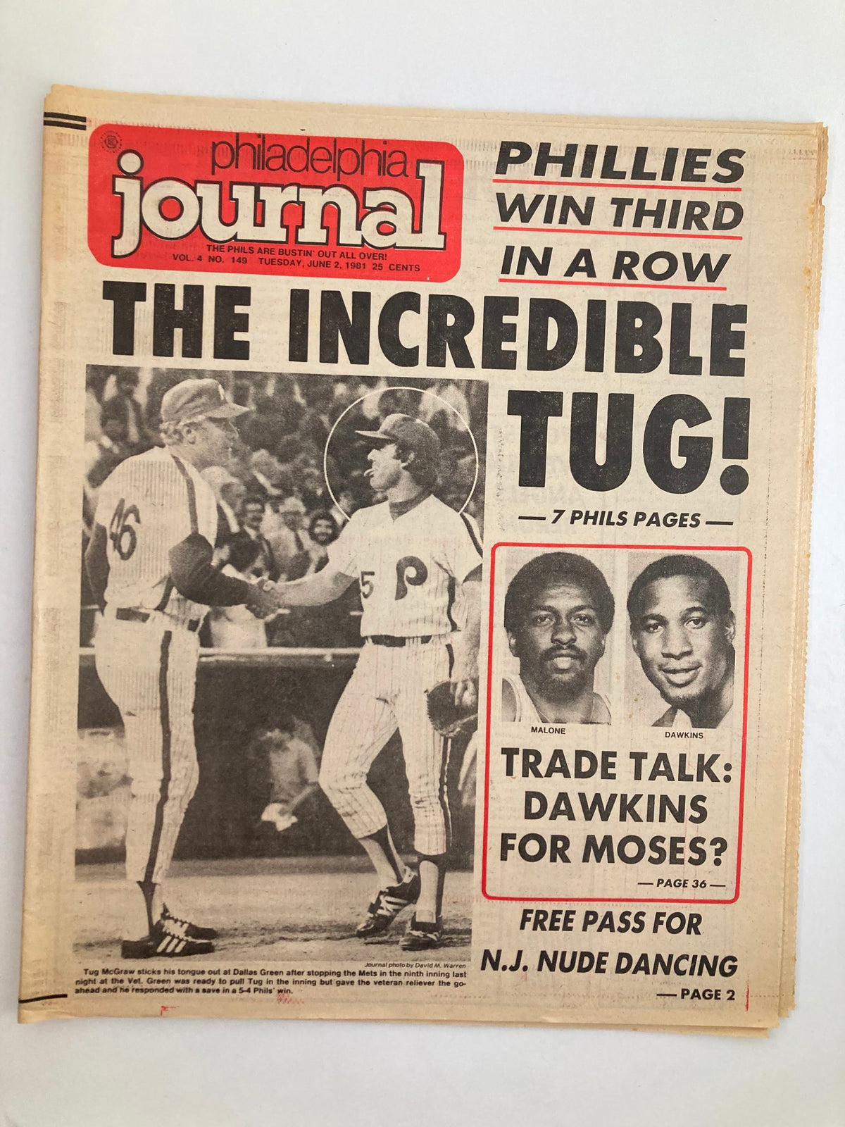 Philadelphia Journal Tabloid June 2 1981 Vol 4 #149 featuring MLB players Tug McGraw and Dallas Green, highlighting their achievements with bold headlines and images.