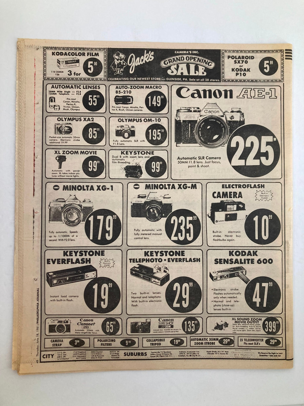 Philadelphia Journal Tabloid June 18, 1981, Vol 4 #163 featuring an advertisement layout with camera listings, prices, and photography equipment, emphasizing sports memorabilia and vintage magazine appeal.