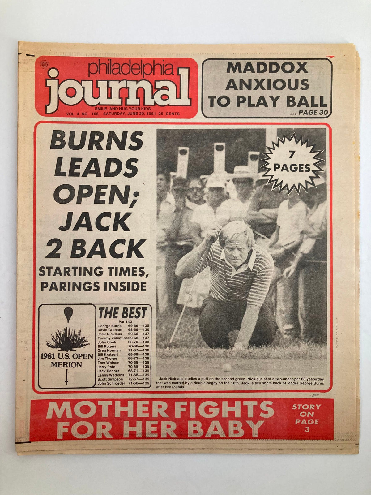 Philadelphia Journal Tabloid June 20 1981 Vol 4 #165 featuring golfer Jack Nicklaus on the front cover, showcasing a headline about the US Open and an image of Nicklaus on the golf course.