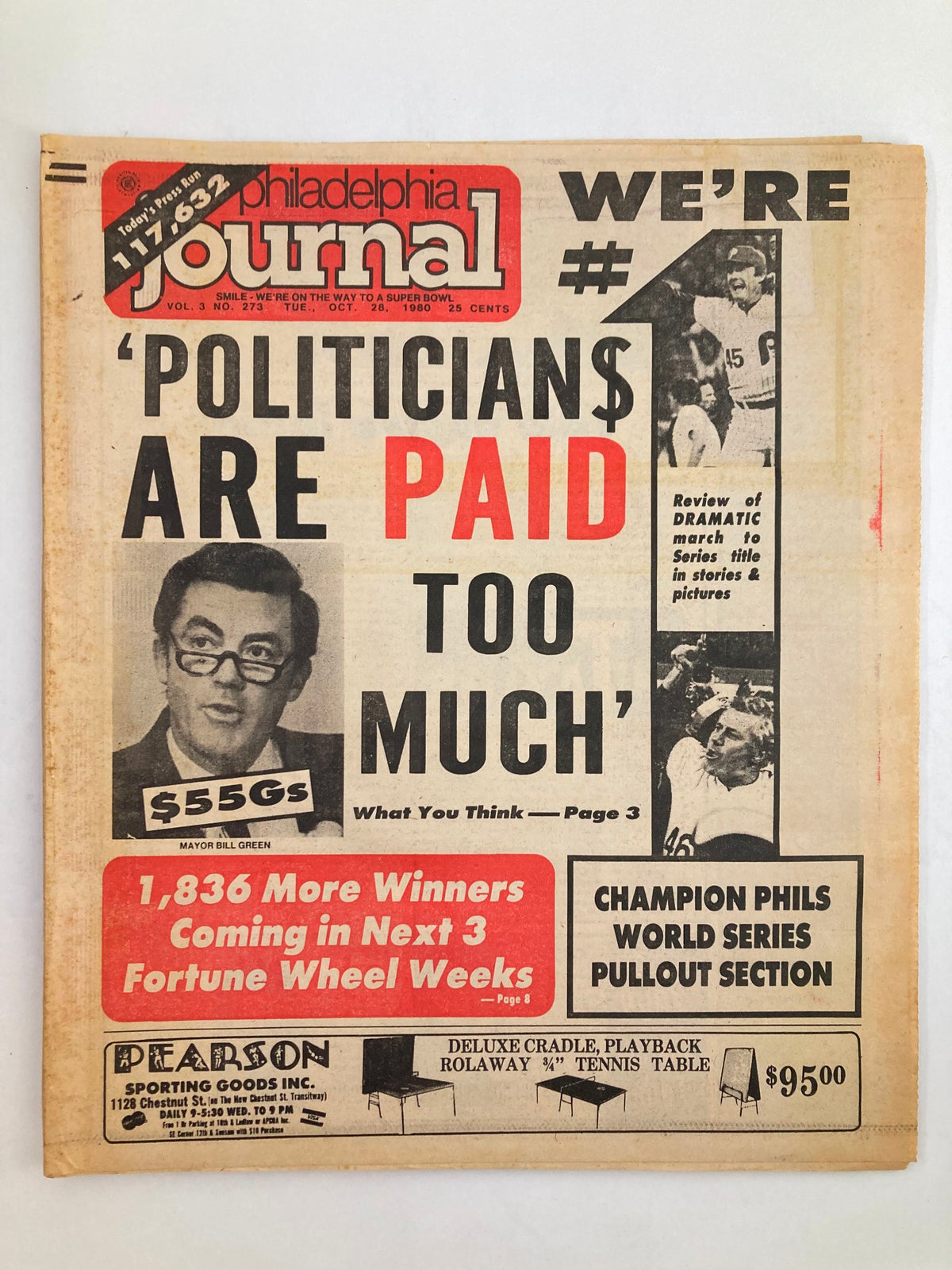 Cover of Philadelphia Journal Tabloid, October 28, 1980, Vol 3 #273 featuring an article about Mayor Bill Green with the headline 'Politicians Are Paid Too Much' and advertisements.