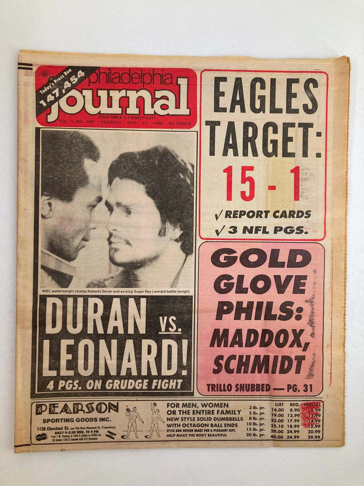 Philadelphia Journal Tabloid from November 25, 1980, Vol 3 #297 featuring Duran vs. Leonard boxing match details and NFL report cards.
