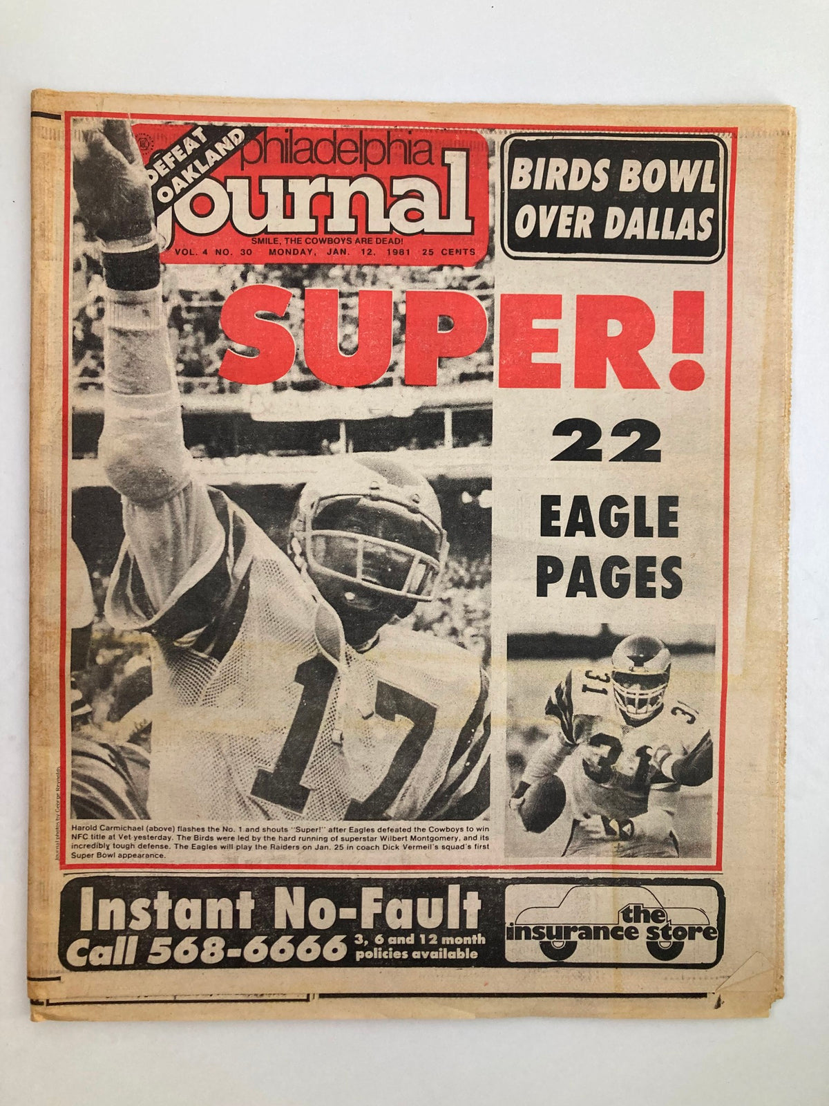 Philadelphia Journal Tabloid from January 12, 1981, featuring NFL Eagles player Harold Carmichael. The newspaper cover highlights the Eagles' victory over the Cowboys with bold text 'SUPER!' and includes images of the players. This collectible item shows minor wear and comes with a protective covering.