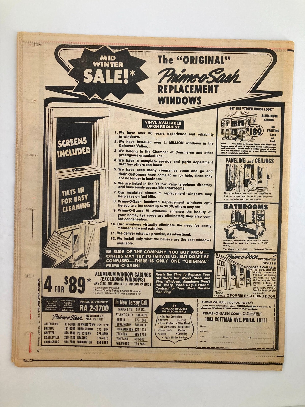 Philadelphia Journal Tabloid January 12 1981 featuring an advertisement for Primo Sash Replacement Windows. The ad highlights a mid-winter sale with various window offerings and installation services.
