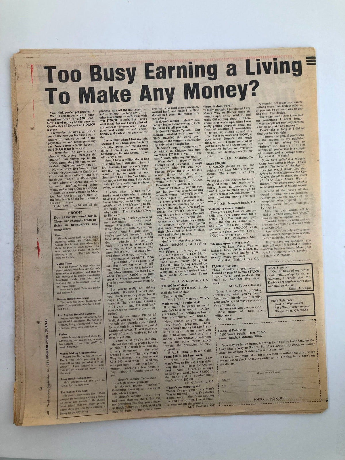 Article page from the Philadelphia Journal Tabloid, September 16 1981, discussing various topics including the boxing match, with text heavily highlighting money management.