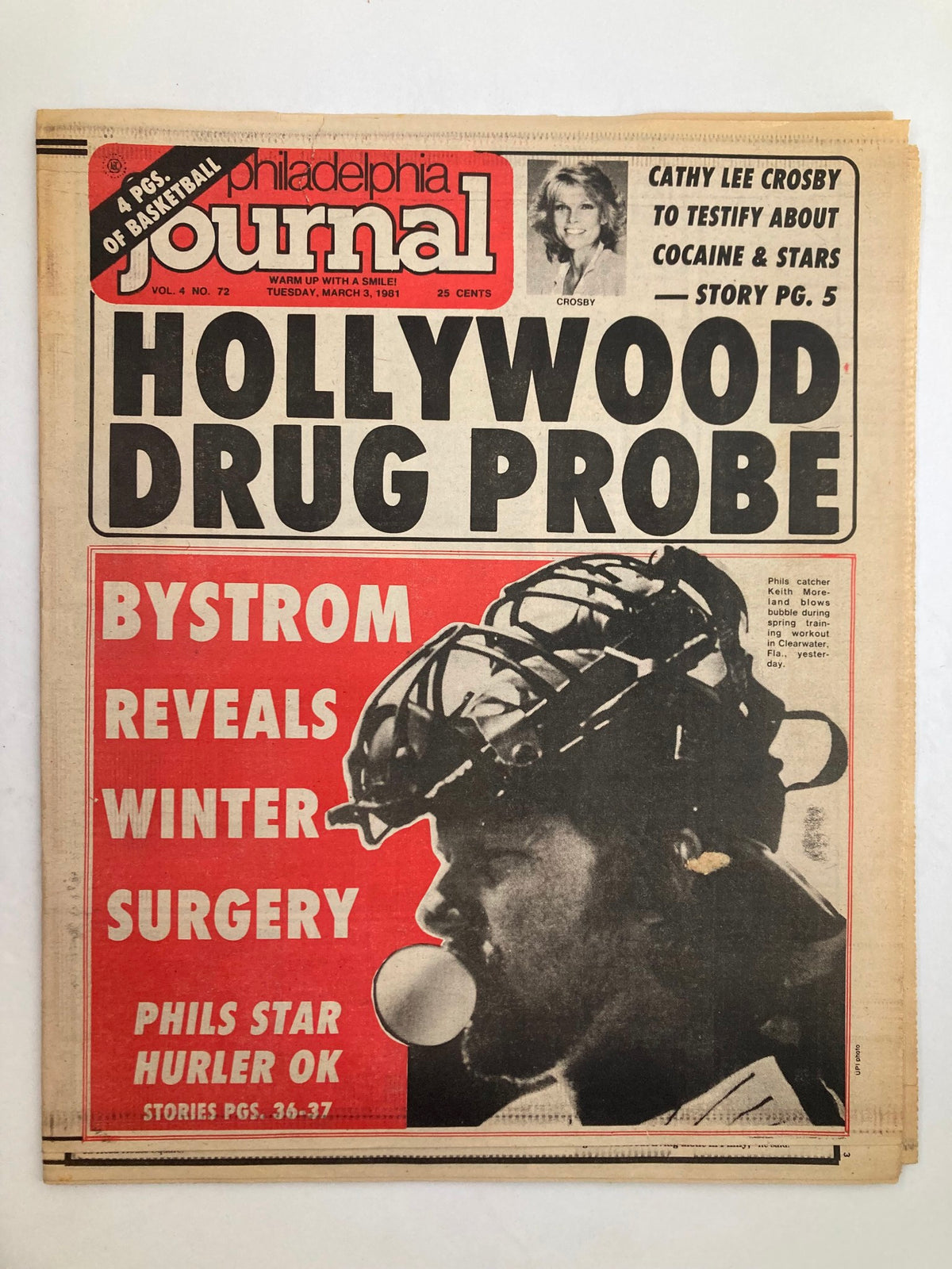 Philadelphia Journal Tabloid March 3 1981 Vol 4 #72 featuring a headline about a Hollywood drug probe, baseball news, and a photo of a Phillies star hurler. Good condition with minor wear.