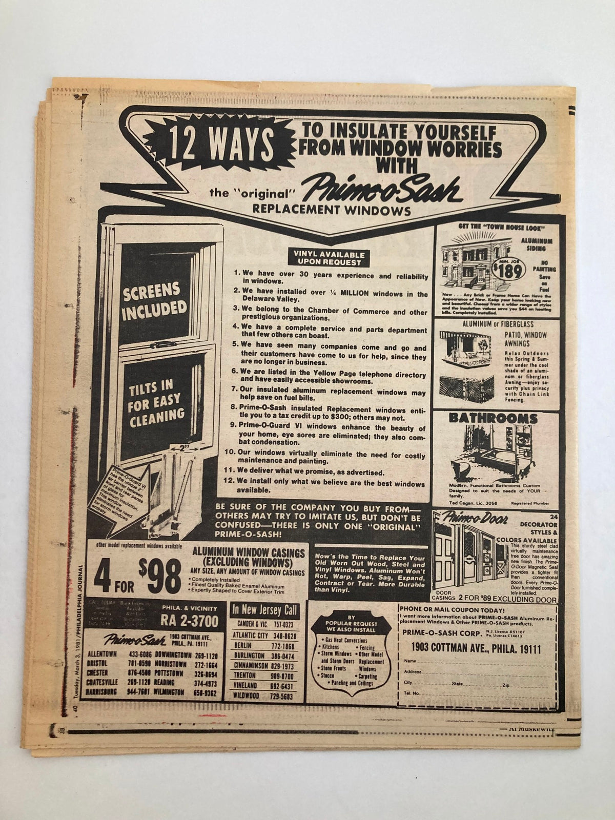 Back side of the Philadelphia Journal Tabloid March 3 1981 Vol 4 #72 showcasing an advertisement for replacement windows, emphasizing 12 ways to insulate yourself from window worries.