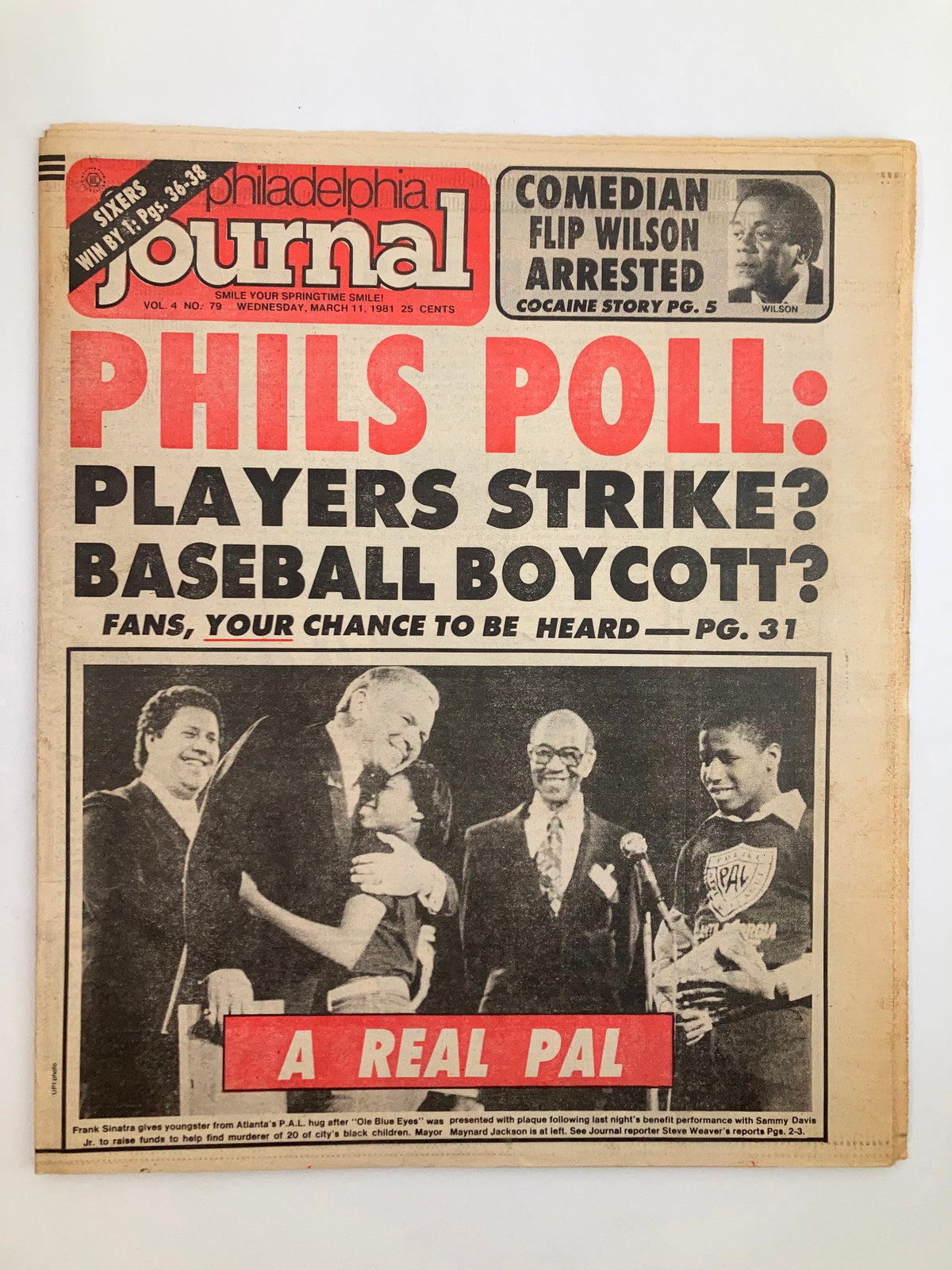 Cover of the Philadelphia Journal Tabloid, March 11, 1981, Vol 4 #79 featuring an article about Frank Sinatra and comedian Flip Wilson, with bold headlines on a vintage newspaper design.