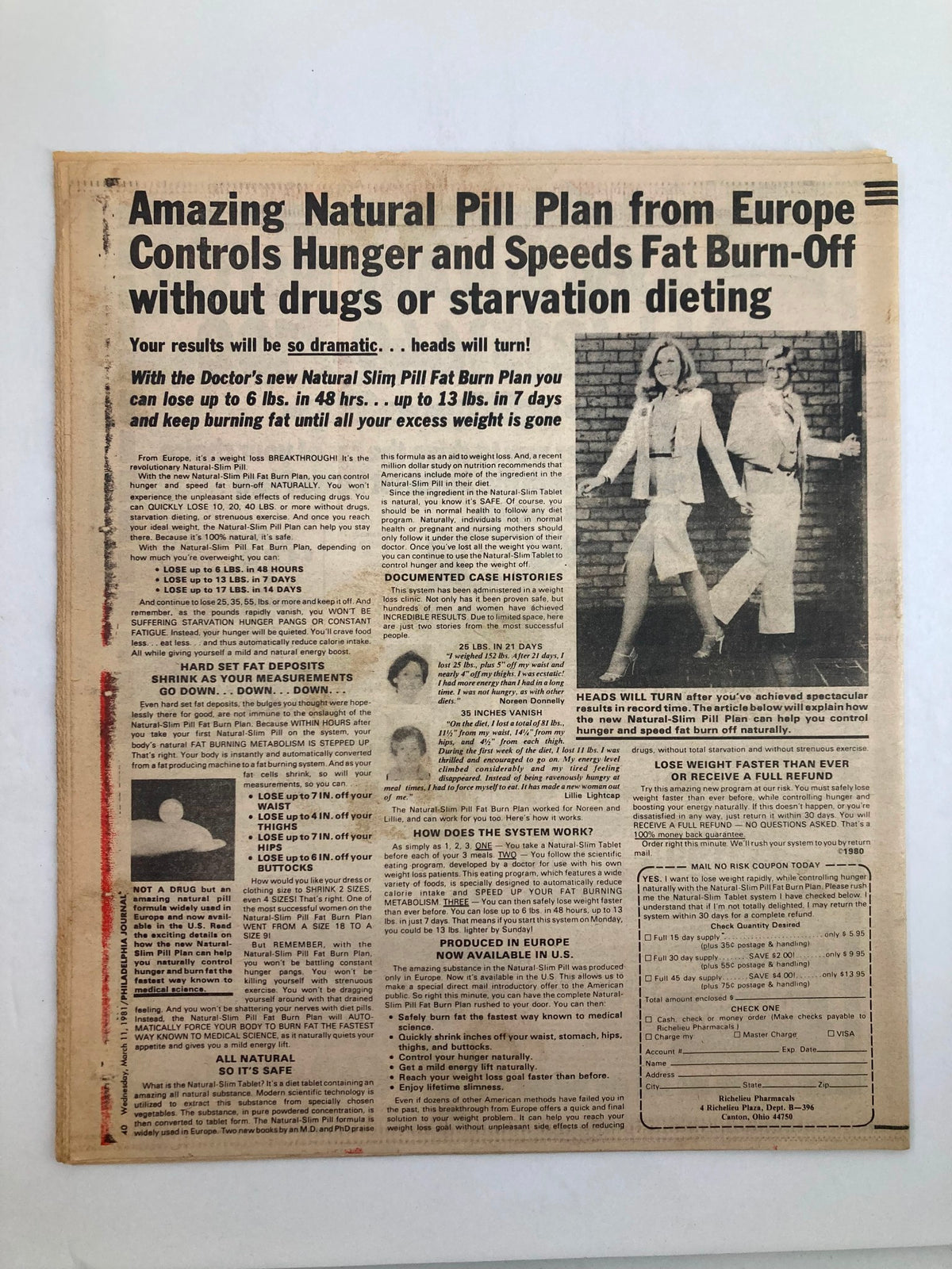 Philadelphia Journal Tabloid March 11 1981 Vol 4 #79 featuring an advertisement for a natural pill plan that controls hunger and speeds up fat burn-off, highlighting before and after transformations, with a focus on dramatic weight loss results.