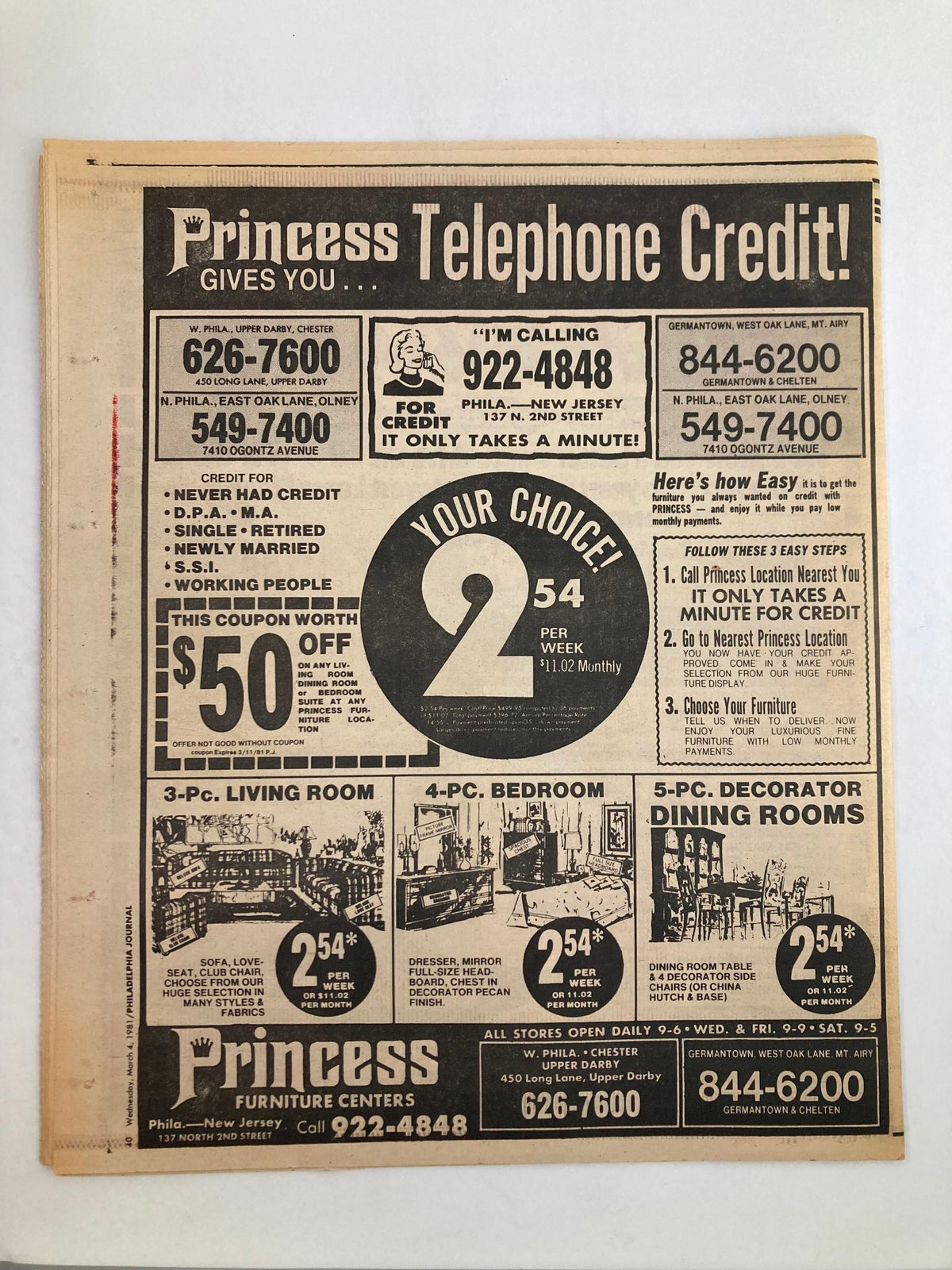 Philadelphia Journal Tabloid March 4 1981 Vol 4 #73 MLB Phillies Greg Luzinski - Features vintage advertisement for Princess Furniture Centers, showcasing various furniture sets and promotional offers.