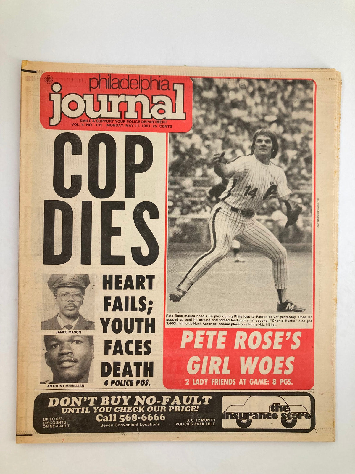 Philadelphia Journal Tabloid from May 11, 1981, Volume 4 #131 featuring a headline about Pete Rose's girl woes and news on heart-related issues. The image shows the tabloid's front page, including visuals and text related to MLB and Philadelphia Phillies.
