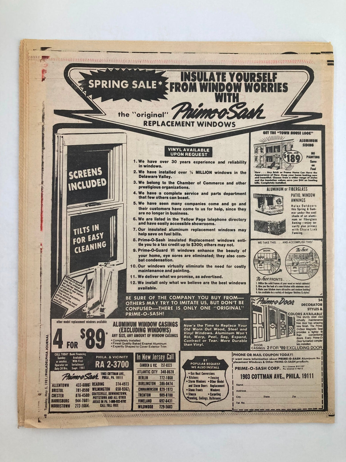 Philadelphia Journal Tabloid May 25 1981 Vol 4 #126 back cover showcasing an advertisement for PrimoSash window replacements, promoting insulation and easy cleaning.