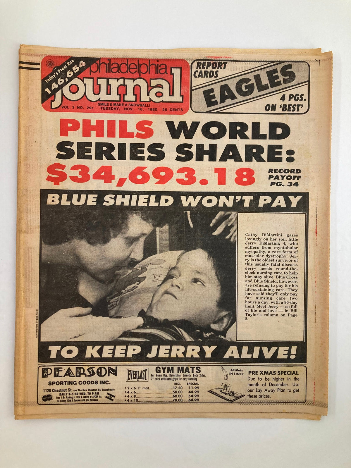 Philadelphia Journal Tabloid from November 18, 1980 featuring Cathy DiMartini and her son Jerry, highlighting a significant Philadelphia Phillies World Series share of $34,693.18 with a focus on community support.