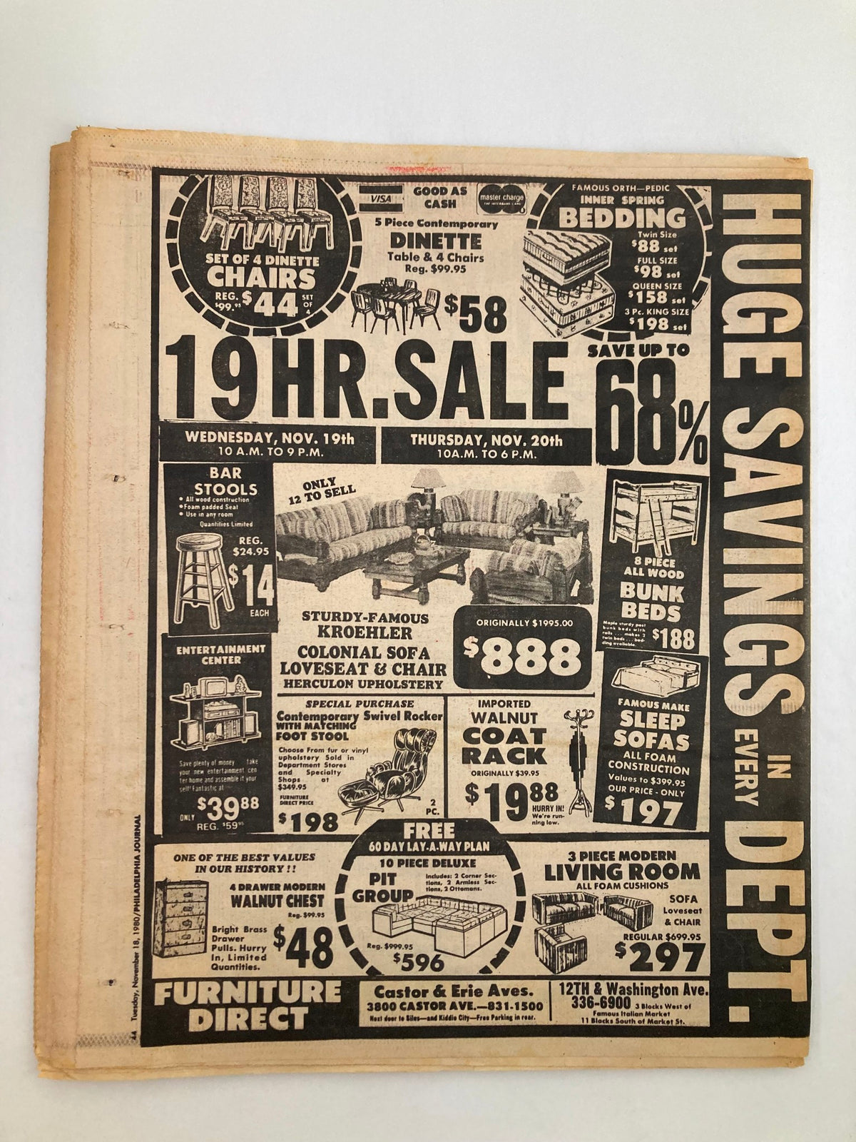 Advertisement page from the Philadelphia Journal Tabloid dated November 18, 1980 showcasing a 19-hour sale with various furniture deals and significant discounts, emphasizing budget-friendly options for consumers.