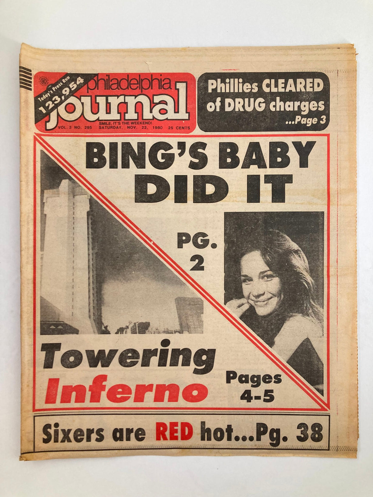 Philadelphia Journal tabloid from November 22, 1980, featuring the headline 'Phillies CLEARED of DRUG charges' and an article titled 'BING'S BABY DID IT' on page 2. The image shows the front cover of the newspaper with a prominent photo and bold headlines.