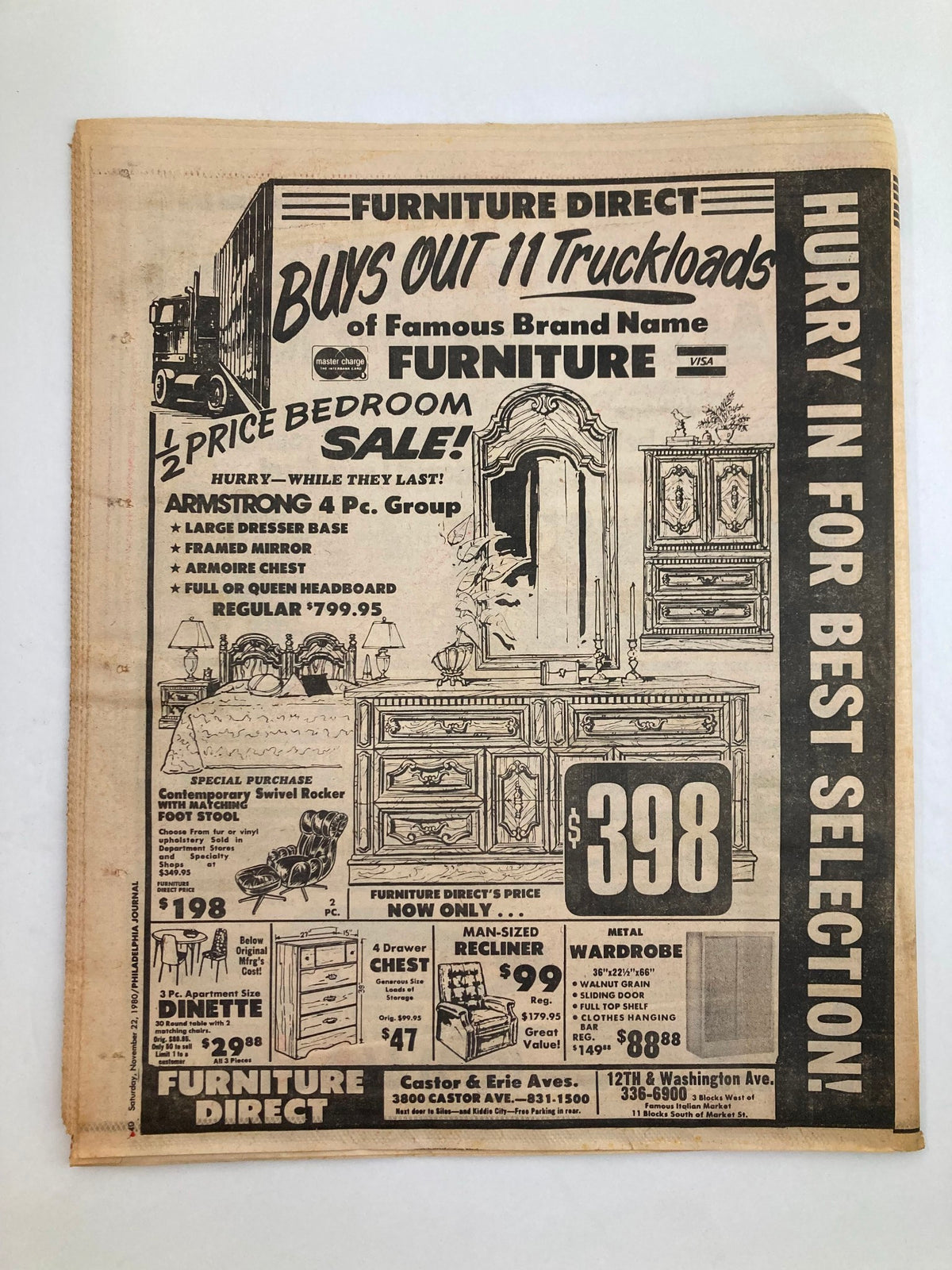Advertisement for Furniture Direct in the Philadelphia Journal tabloid from November 22, 1980, promoting a 'BUY'S OUT 11 Truckloads of Famous Brand Name Furniture' sale. The image displays the back cover with furniture offers and prices, surrounded by graphics.