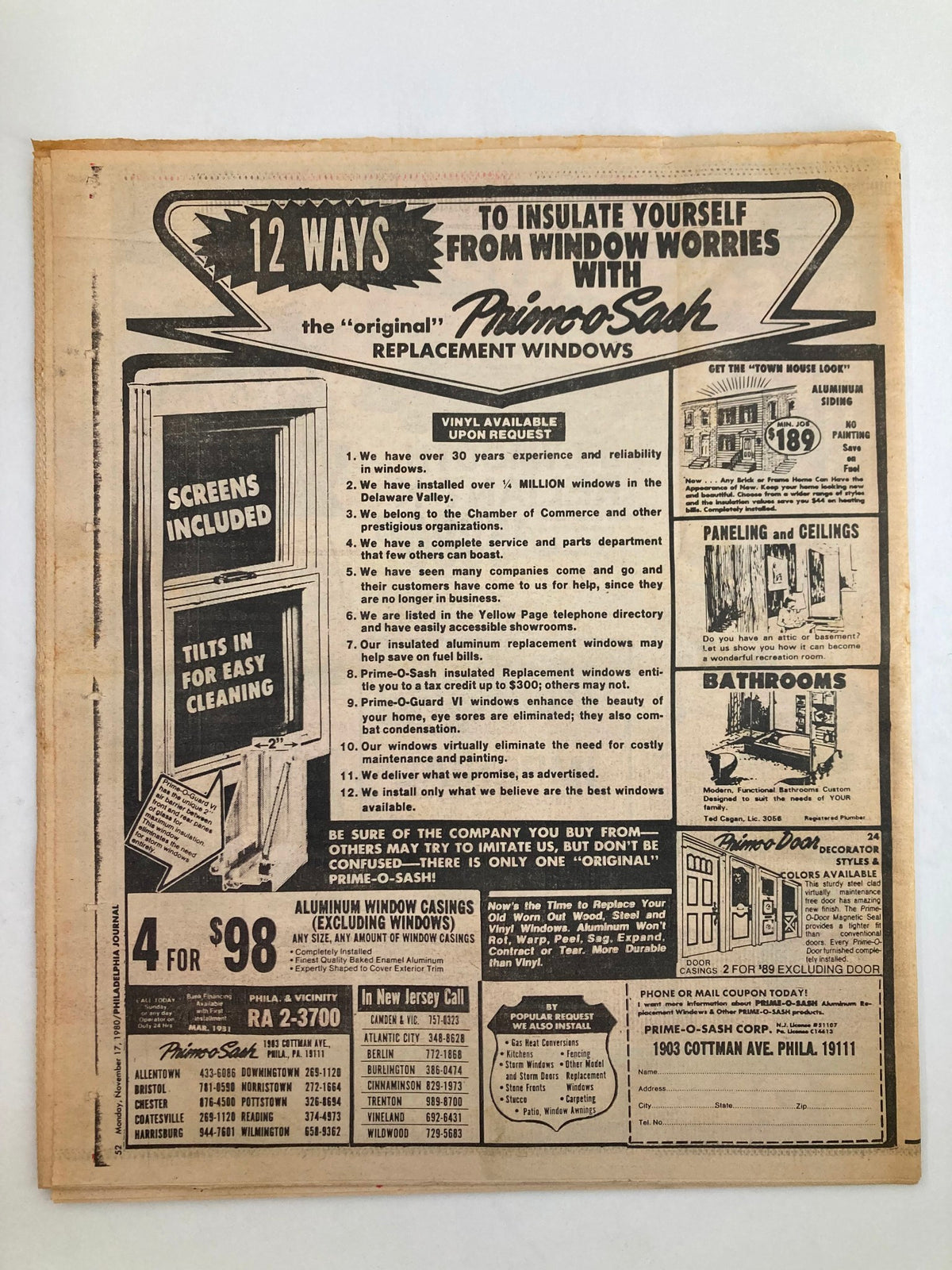 Back cover of the Philadelphia Journal Tabloid from November 17, 1980, displaying an advertisement for window insulation services.