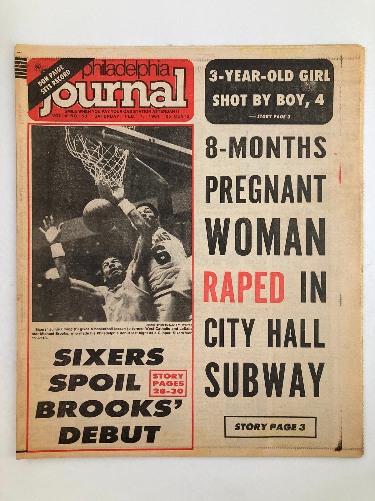 Philadelphia Journal Tabloid February 7 1981 Vol 4 #53 featuring NBA Sixers' Julius Erving. The image shows a historic newspaper cover highlighting sports and news, including a notable headline about a girl shot.