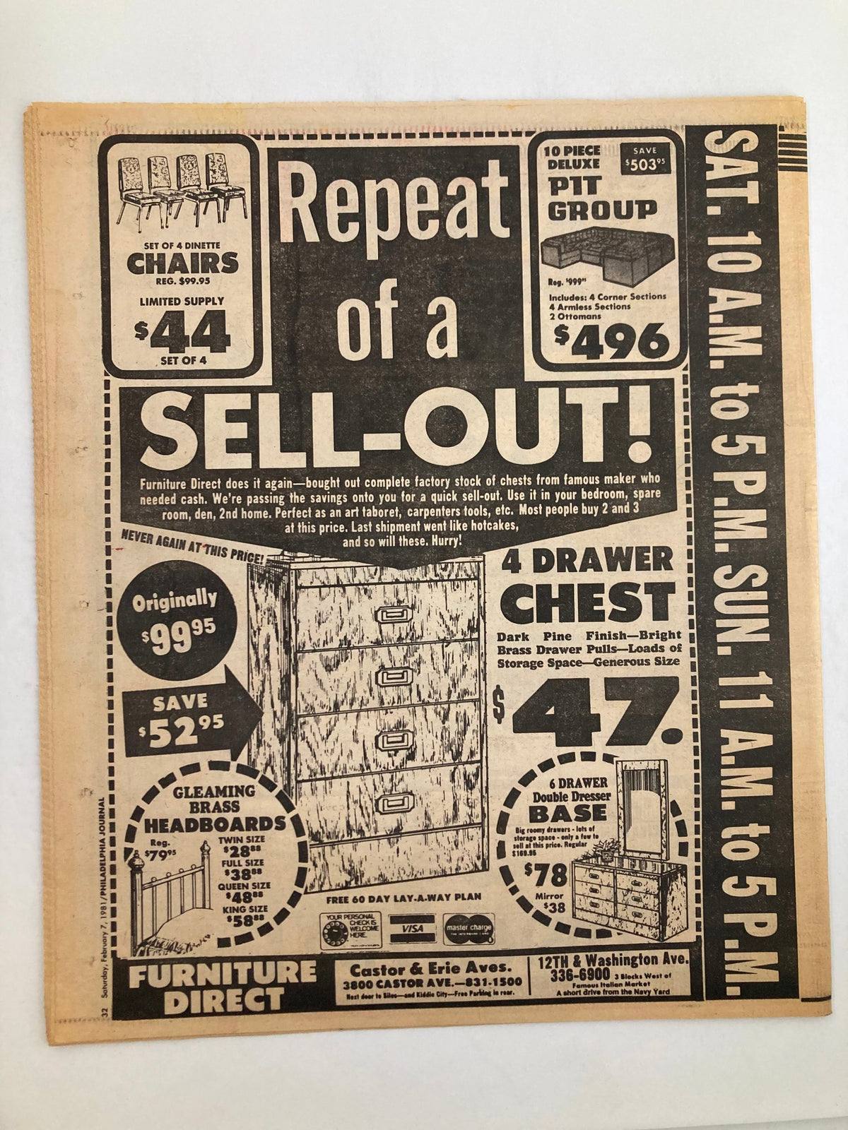 Philadelphia Journal Tabloid February 7 1981 Vol 4 #53 advertisement for furniture sale. The image displays a newspaper page showcasing a furniture catalog with promotional pricing and product details.