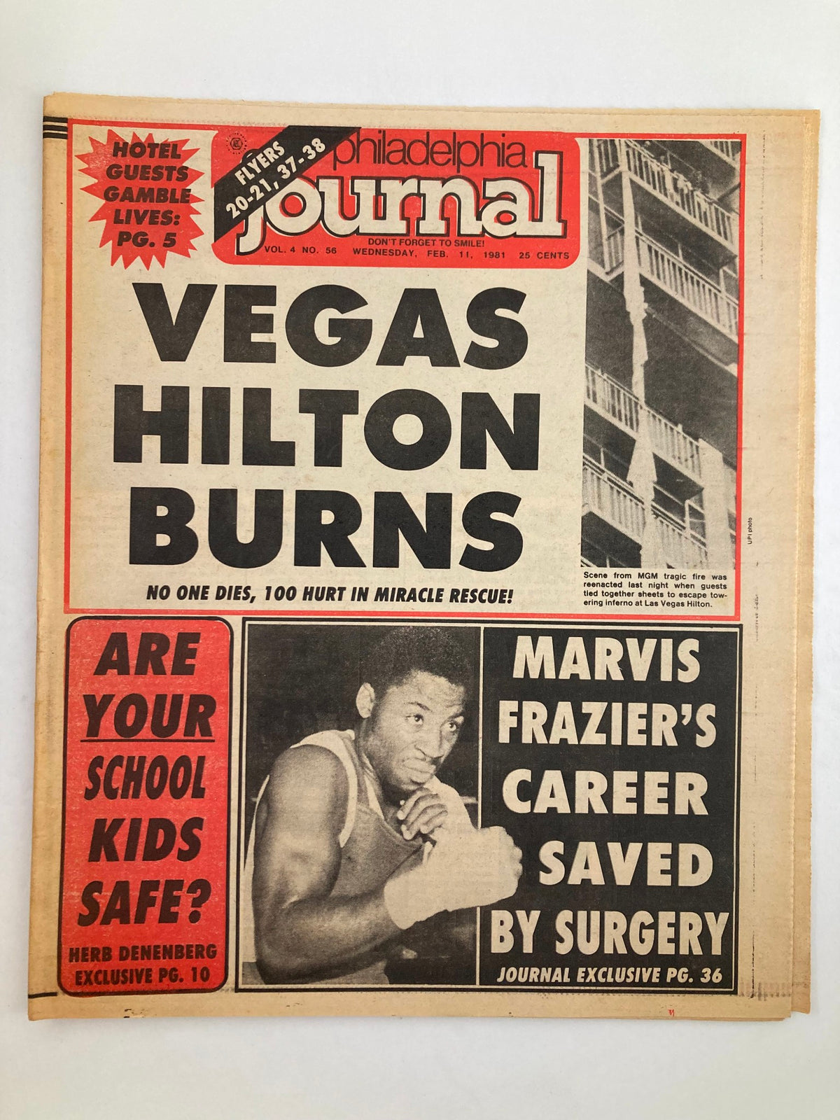 Front page of Philadelphia Journal Tabloid dated February 11, 1981, featuring boxer Marvis Frazier with headline about his career being saved by surgery.