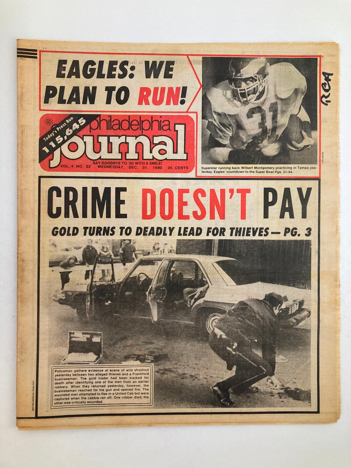 Philadelphia Journal Tabloid from December 31, 1980 featuring NFL Eagles player Wilbert Montgomery. The cover highlights the Eagles' strategy with the caption 'EAGLES! WE PLAN TO RUN!' and addresses crime with the statement 'CRIME DOESN'T PAY.'