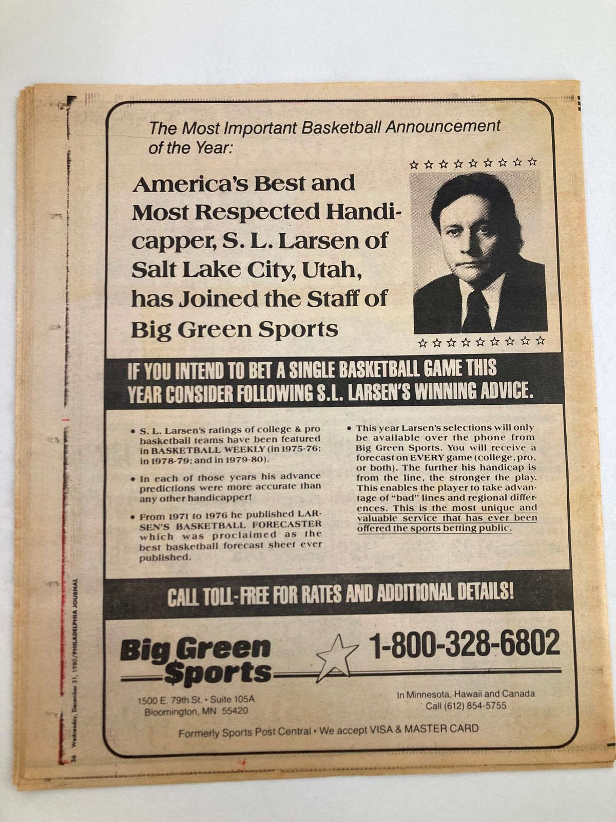Back cover of the Philadelphia Journal Tabloid December 31, 1980, announcing S.L. Larsen's Big Green Sports as an important basketball capper, inviting readers to consider betting on basketball games.