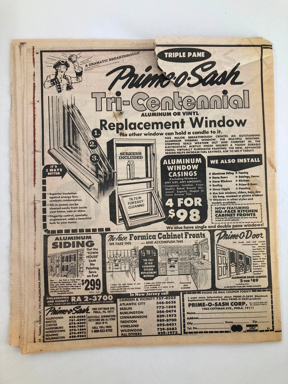 Back cover of the Philadelphia Journal Tabloid, dated October 27, 1981, showcasing advertisements for home improvement products, including tri-centennial windows and aluminum siding. This collectible magazine provides a glimpse into the advertising style of the era.