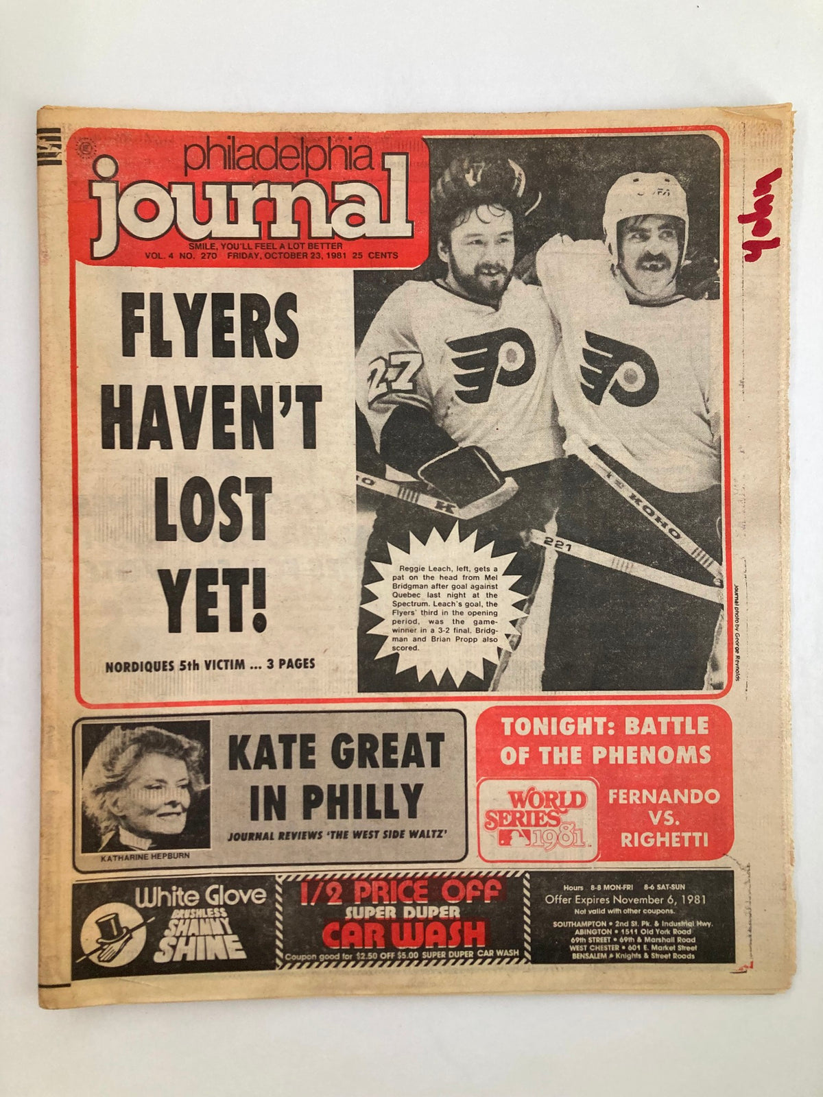 Philadelphia Journal Tabloid from October 23, 1981 featuring NHL Flyers players Reggie Leach and Bridgman, highlighting the headline 'FLYERS HAVEN'T LOST YET!' and a promotional section with details about events in Philly.