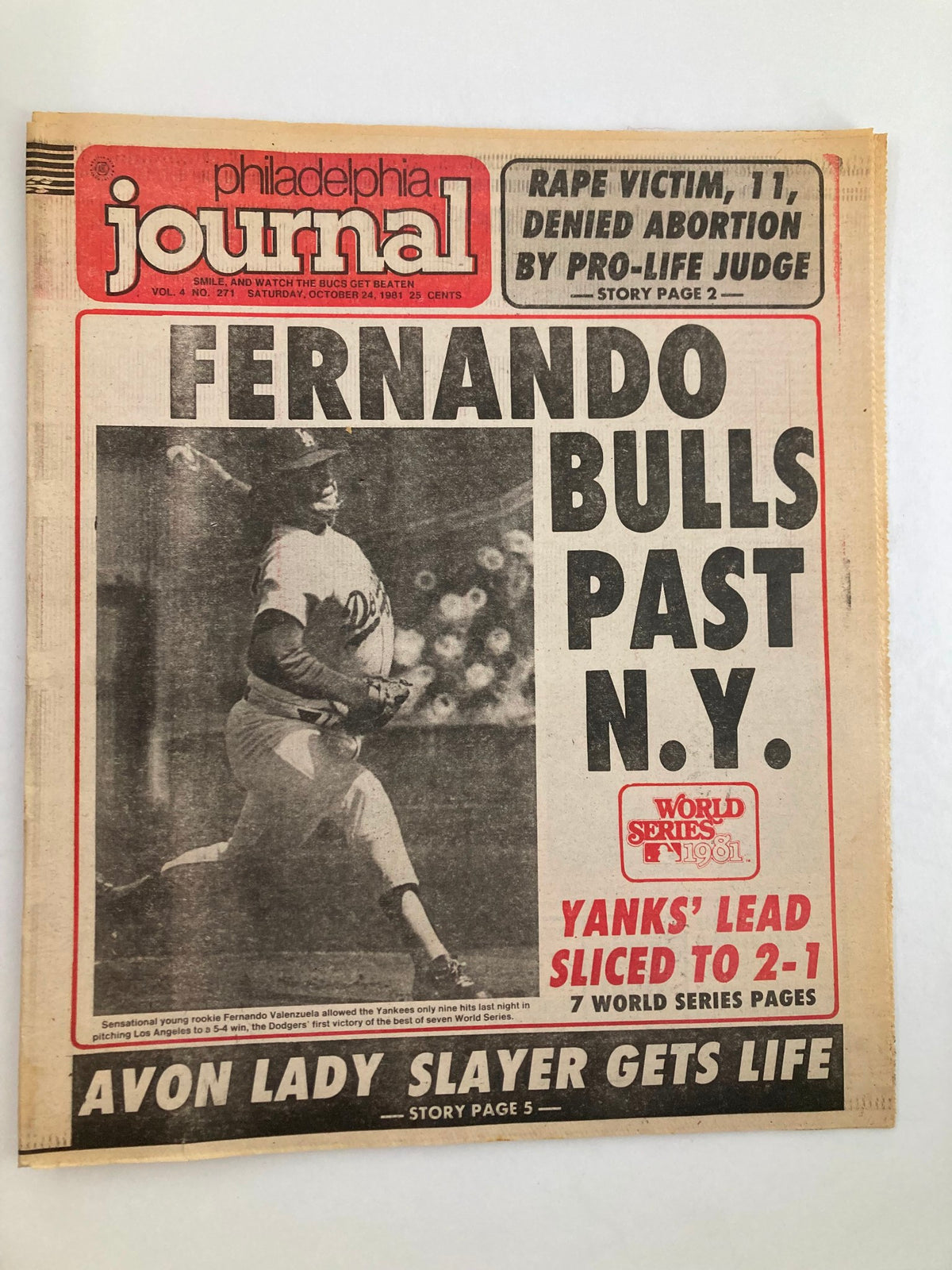 Philadelphia Journal Tabloid from October 24, 1981, featuring MLB Dodgers' Fernando Valenzuela. The newspaper highlights a World Series game where the Dodgers face the Yankees. The headline reads 'Fernando Bulls Past N.Y.' with a photograph of Valenzuela in action, reflecting his significant impact on the game.