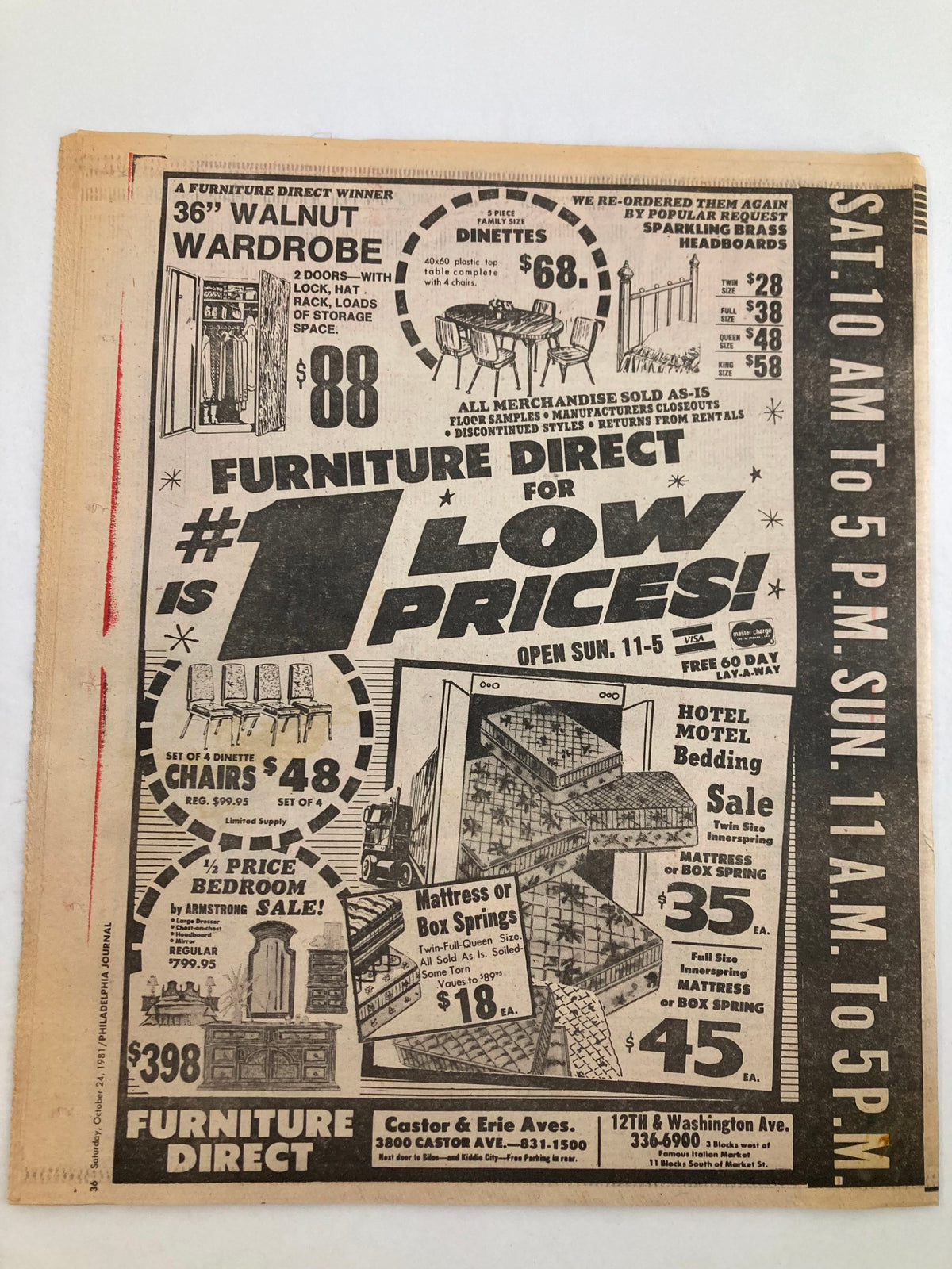 Philadelphia Journal Tabloid from October 24, 1981 featuring an advertisement for Furniture Direct with various furniture items and prices, emphasizing low prices and special sales.
