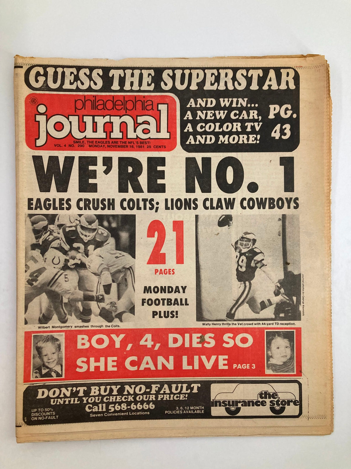 Philadelphia Journal Tabloid from November 16, 1981, Vol 4 #290, featuring the Philadelphia Eagles and player Wally Henry, highlighting NFL action with bold headlines and sports news.