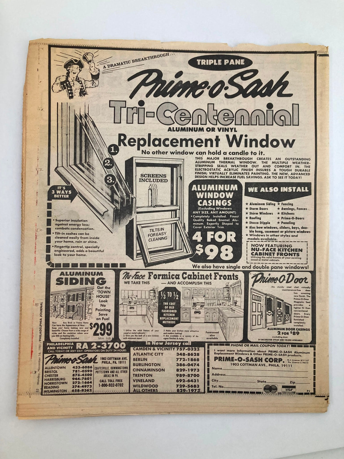 Back cover of the Philadelphia Journal Tabloid, November 16, 1981, showcasing advertising for Tri-Centennial Replacement Windows, presenting product details and promotional offers.